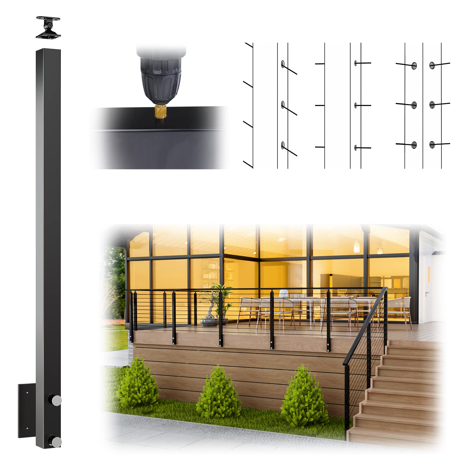 Muzata Black Aluminum Undrilled Cable Railing Post 36"X2"x2" Side Mount Cable Railing System Kit DIY-Friendly Indoor Outdoor Seaside with Paper User Guide PW01 BNAS