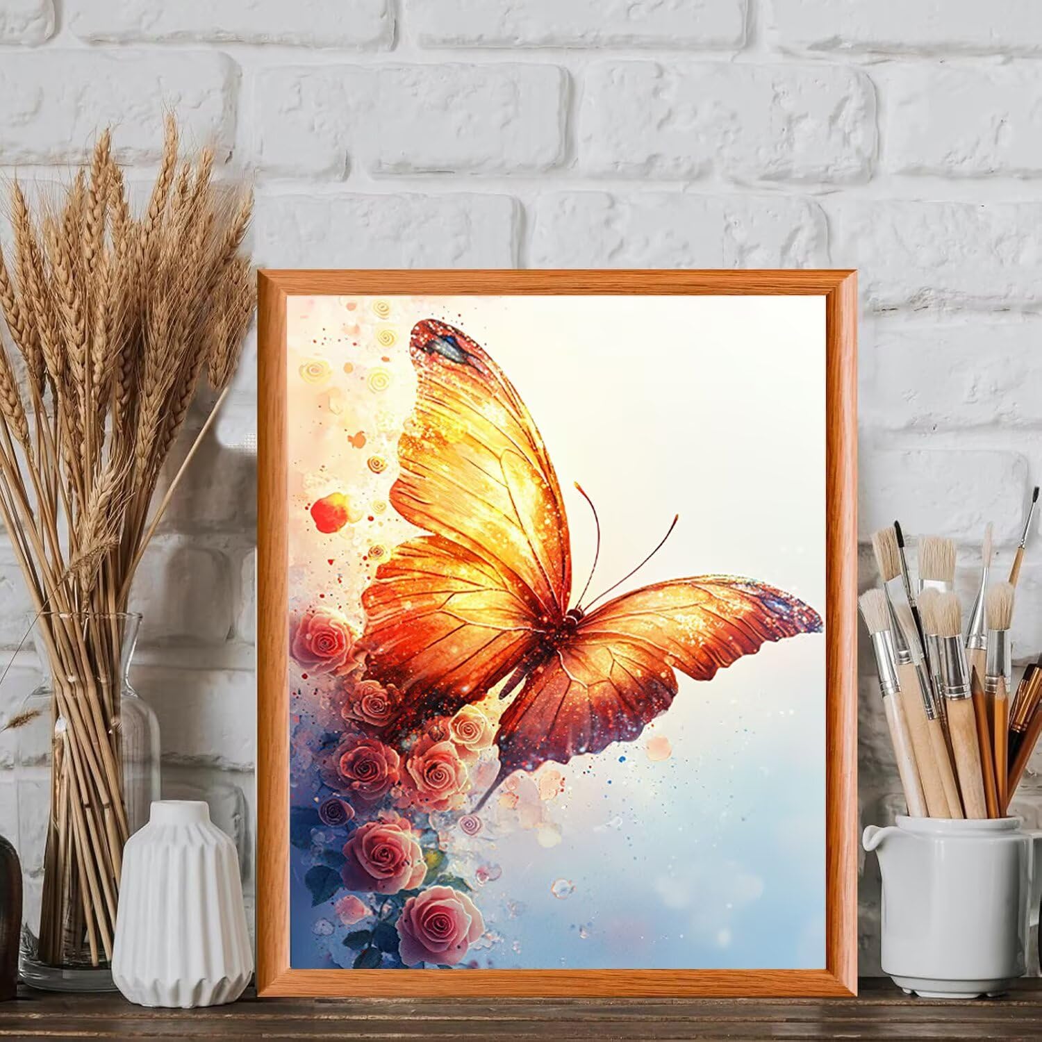 WEISHIWE Malen nach Zahlen Erwachsene Schmetterling mit Rose, 70x90cm x-368 | Malen nach Zahlen Erwachsene Leinwand Kit, DIY Handgemalt Ölgemälde Set mit 3-Pinseln und Acrylfarbe für Wanddeko,Ohne Rahmen
