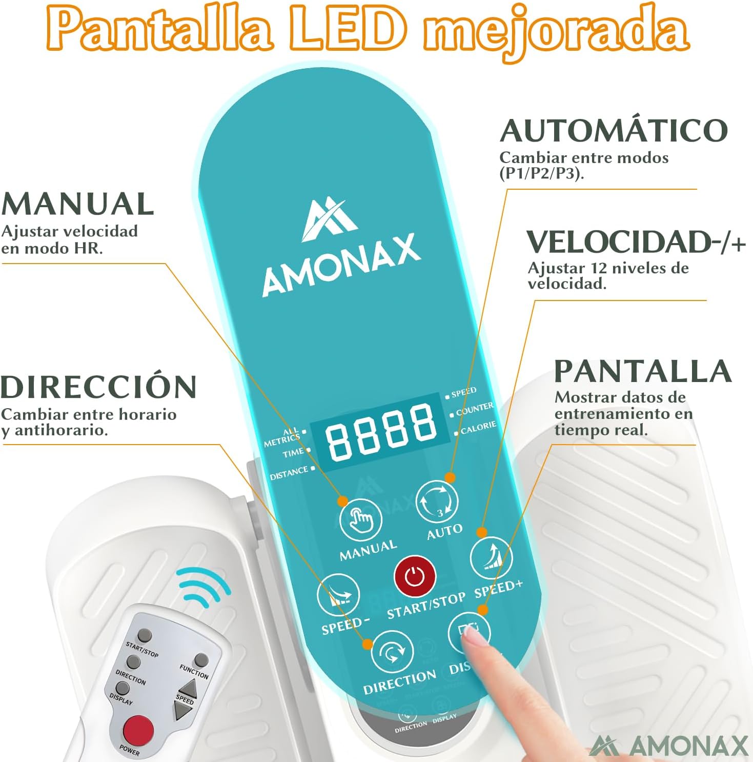 Детальний view of the Amonax exerciser's LED display and remote control functions.