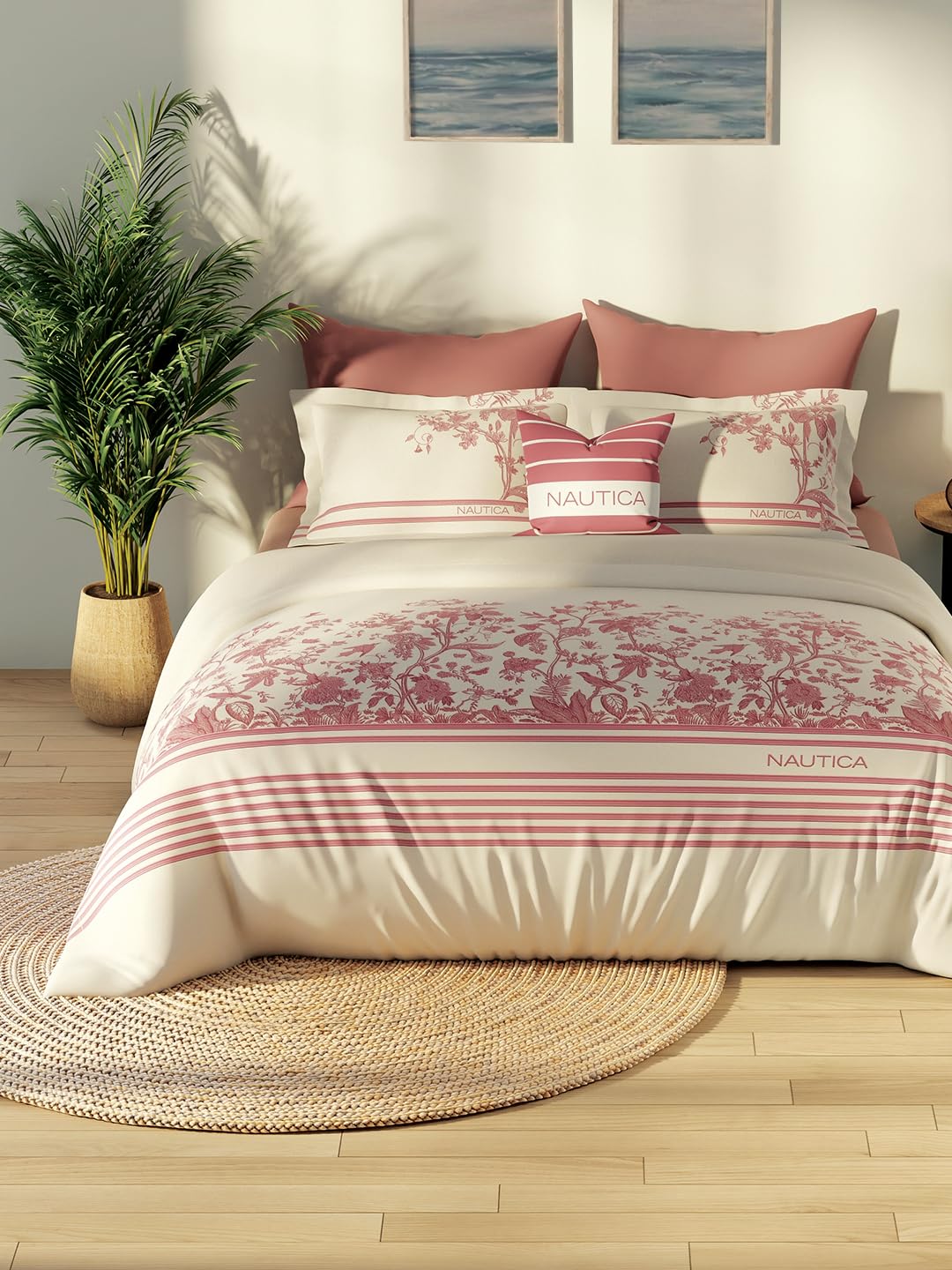 NAUTICA Luxurious 100% Egyptian Satin Cotton King Bedsheet with 2 Pillow Covers -3pc Set (Royal Cove 400) | 500 TC | Extra Soft Feel Floral-Coral-image-7