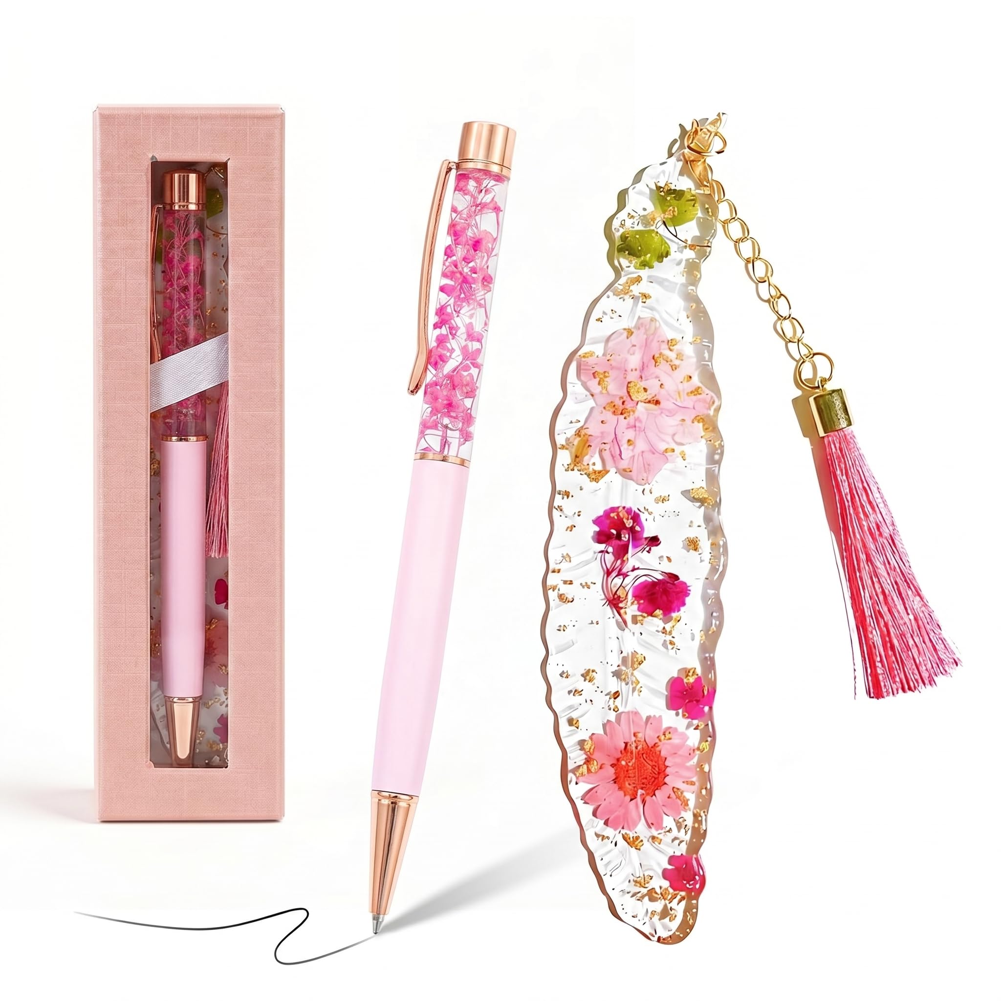 Ballpoint Pen with Resin Dried Flower Feather Bookmark Gift Set, Retractable Rollerball Pen Black Ink 1.0mm & Tassel Page Marker with Box for Women Birthday, Valentines Day, Christmas, Party(Pink)