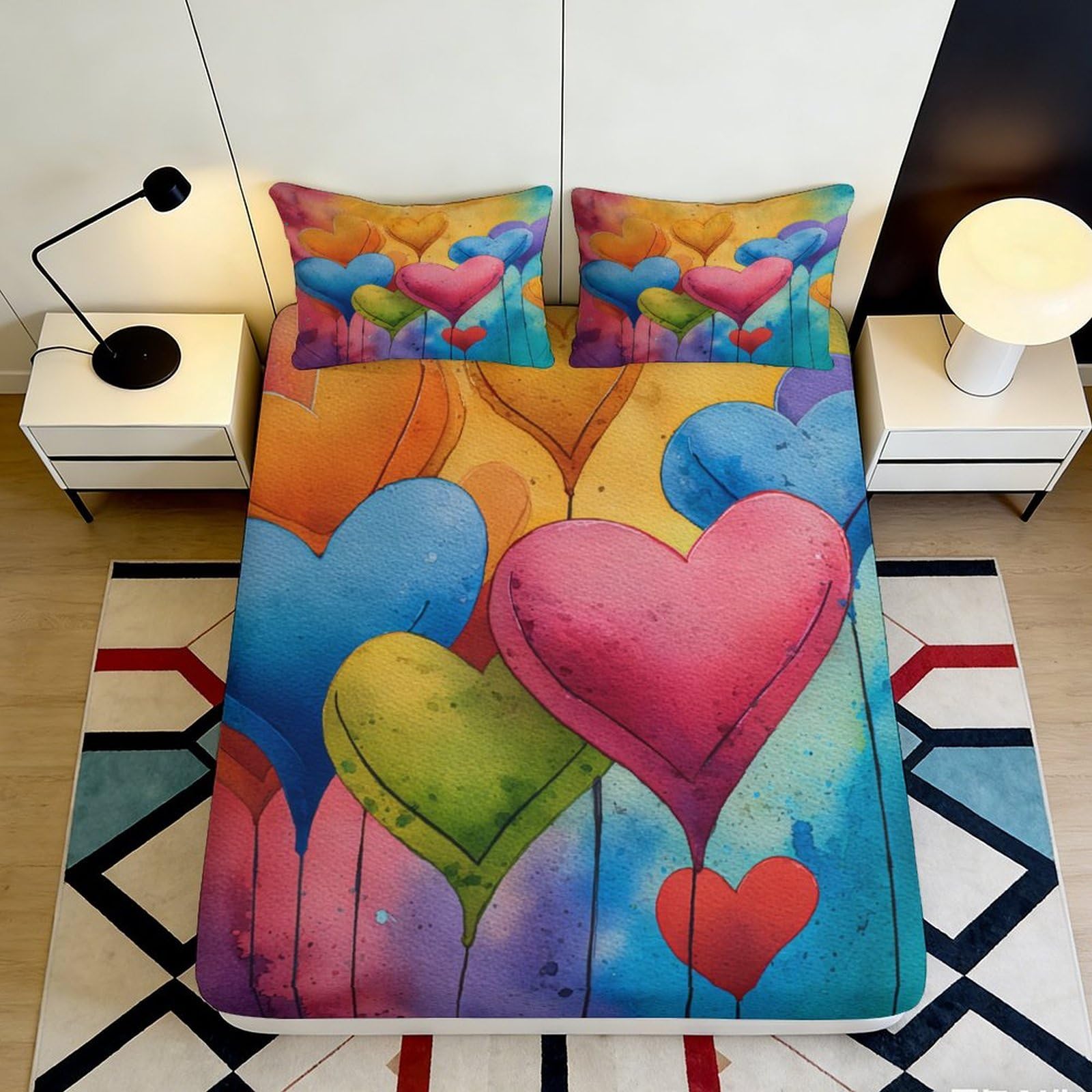 3D Printed Colorful Heart Balloons Fitted Sheet Microfiber Soft Breathable Vibrant Balloon Mattress Cover for Bedroom Dormitory Guest Room Protection Decor 140x200x25cm
