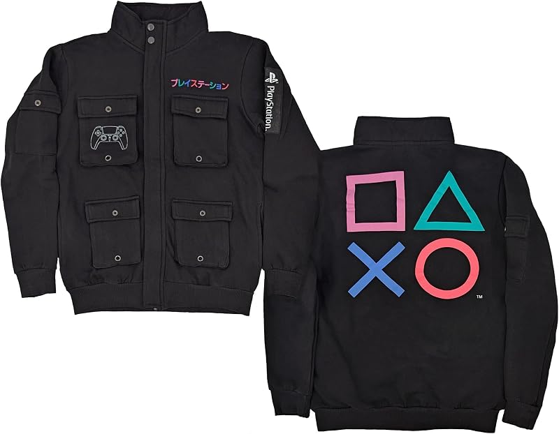 Ripple Junction PlayStation Men's Military Cargo Full Zip Jacket Controller Katakana Logo Embroidery Officially Licensed