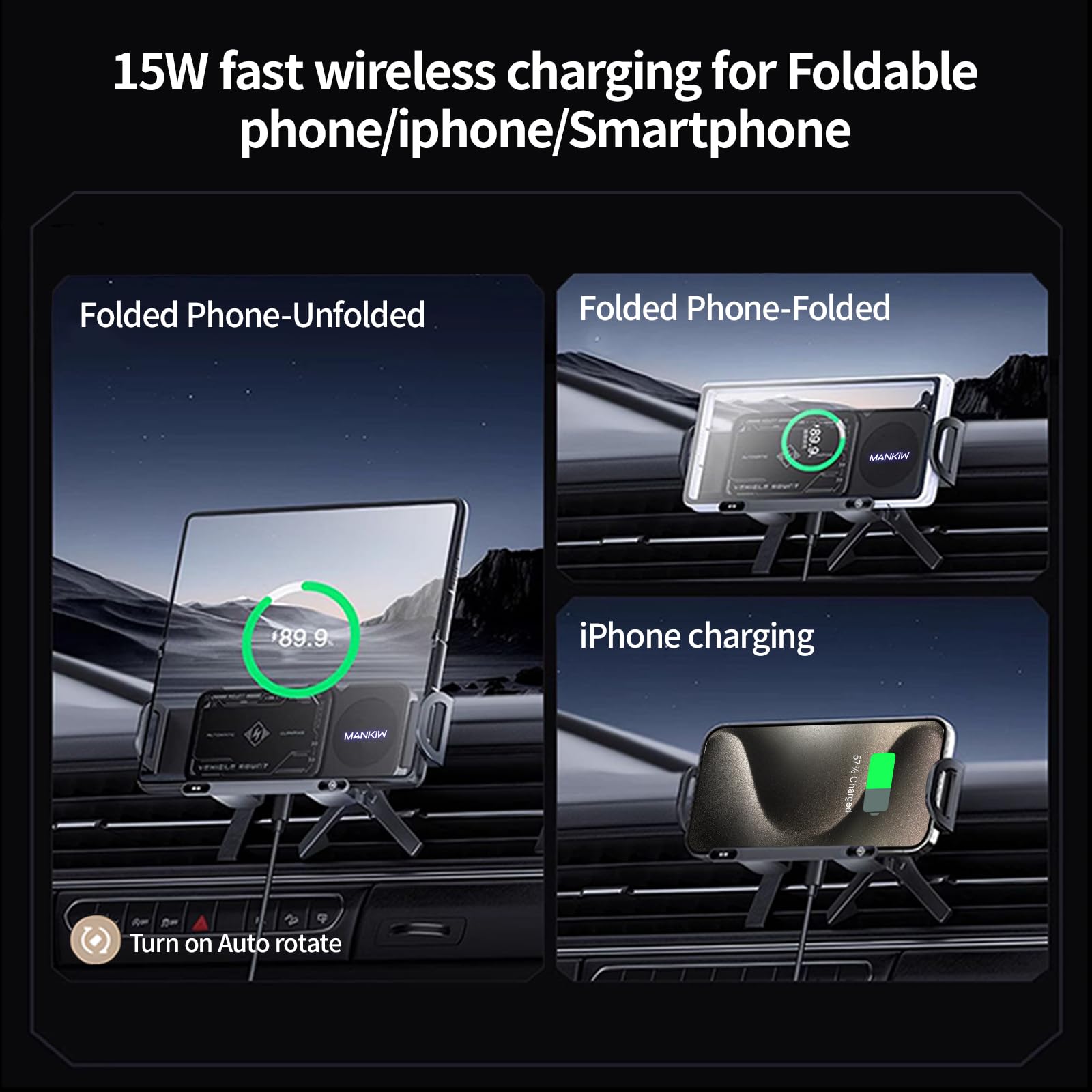 MANKIW Cargador Inalámbrico Coche, Soporte Móvil Carga Rápida,Rotación de 90° Soporte Movil Coche Compatible para iPhone 17 Pro Max/16/15/14/13, Galaxy S24 Ultra/S23