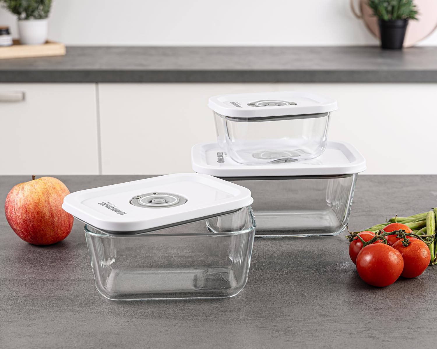 Rommelsbacher Vakuum Behälter Set VCG 1, 3 Behälter, Borosilikatglas, BPA-frei, hitzebeständig, spülmaschinenfest, gefriergeeignet, inkl. Vakuumierschlauch & Adapter für Vakuumierer anderer Marken