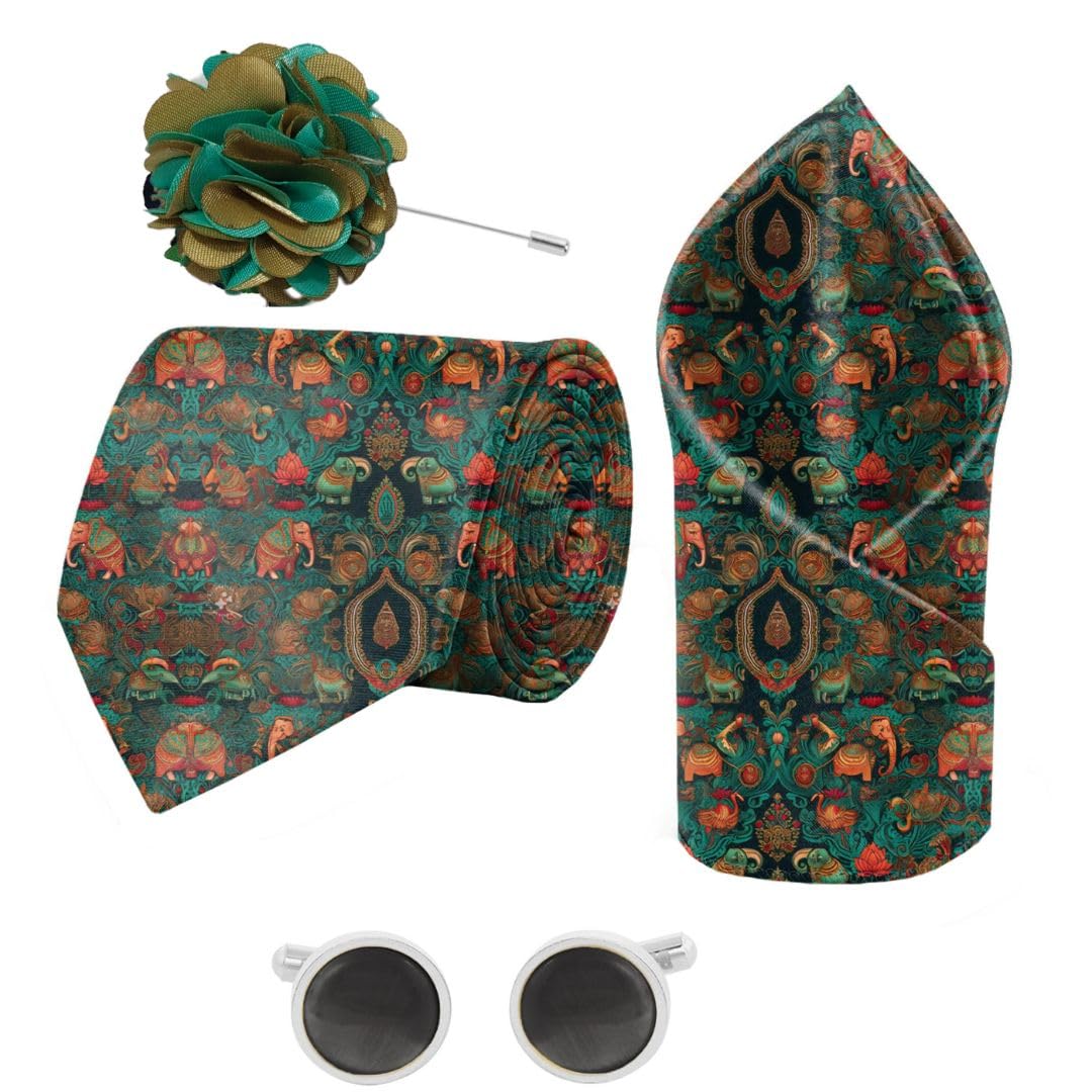Elephant & Paisley Printed Tie and Pocket Square Set with Cufflink and Matching Flower Lapel Pin-image-39