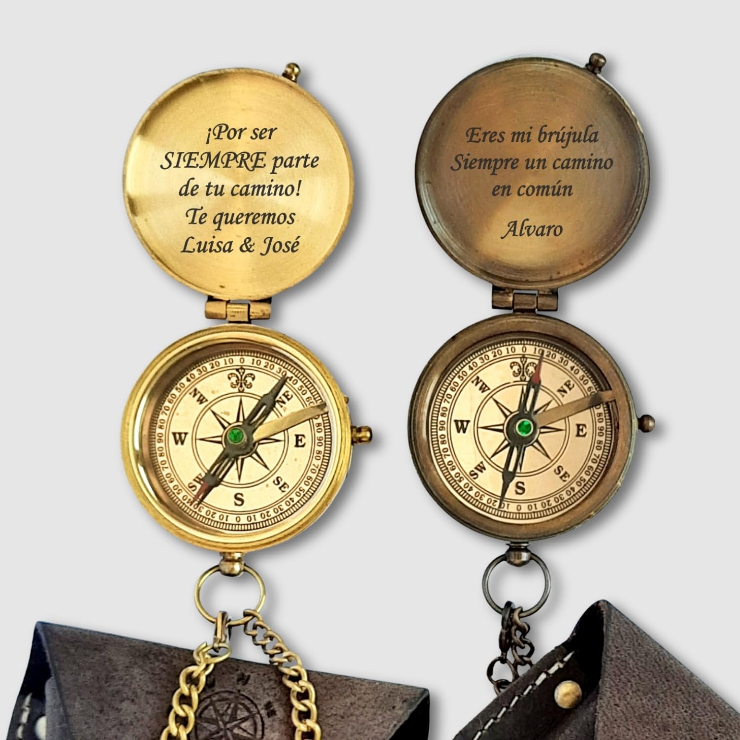 Brújula Personalizada con Foto y Texto en la Tapa - Brujula de Latón Pulido, Opcional con Estuche de Piel o Caja de Madera