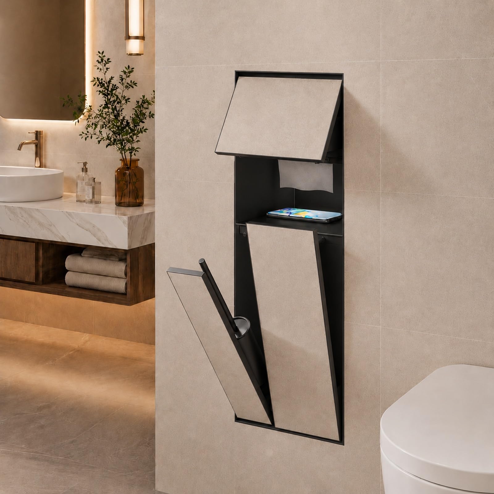 Recessed Toilet Paper Holder, Stainless Steel In-Wall Bathroom Cabinet With Toilet Roll Holder And Open Shelf, Hidden Waste Bin For Bathroom Kitchen Office