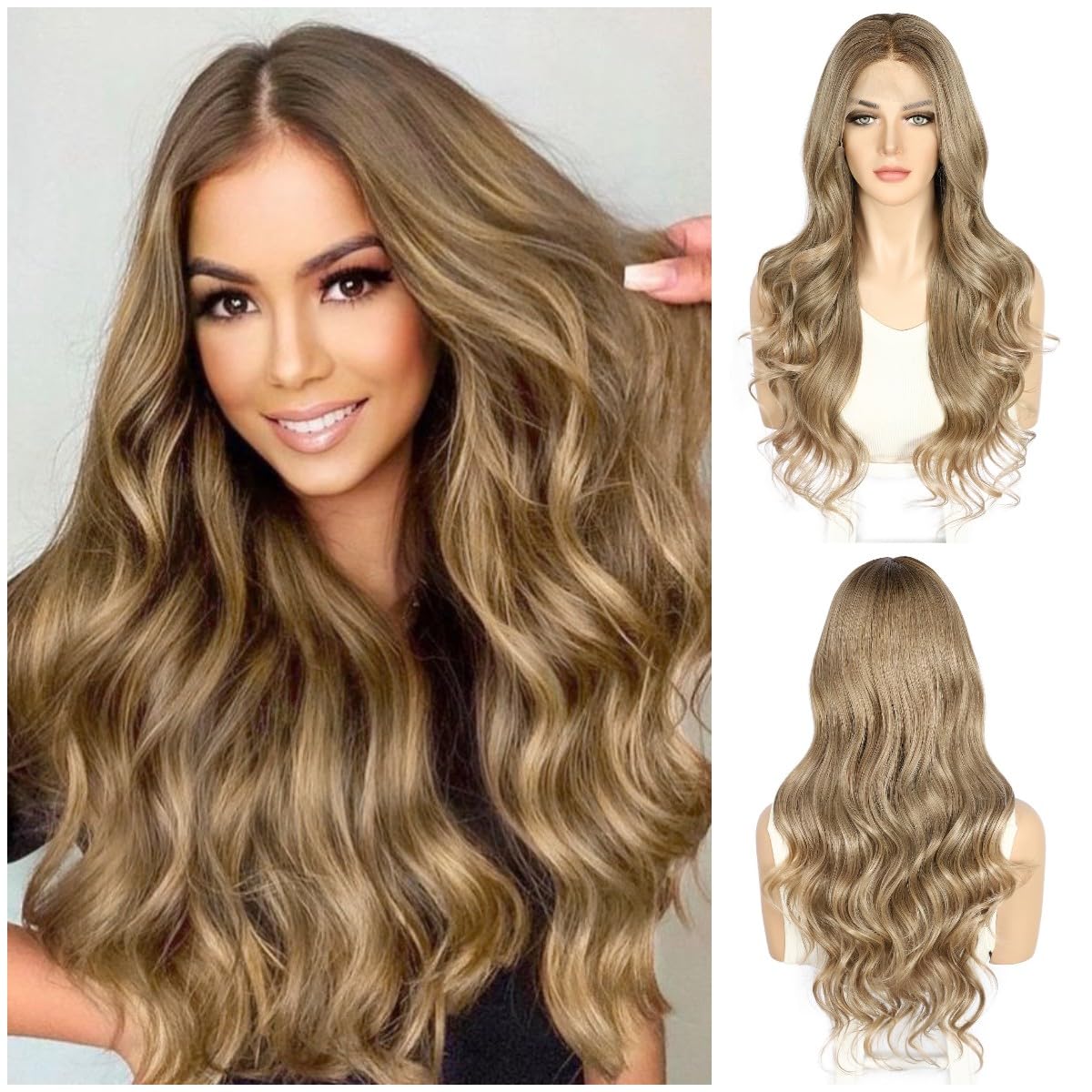 Sapphirewigs Braun Lace Front Perücke Synthetische Körper Welle 13x4 Natürliches Braun Balayage Perücken Damen Party Date Tägliche Tragen Natürlich Aussehen Weihnachten 26inch