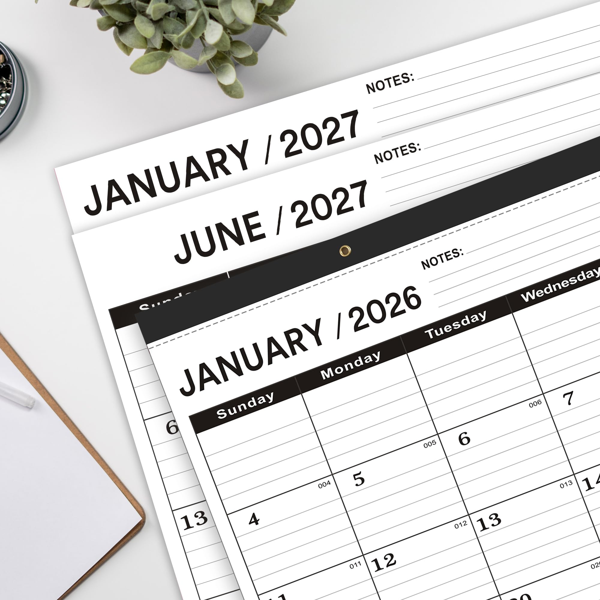 Wabhas Calendario da scrivania 2024, grande, 55 x 43 cm, da gennaio 2024 a giugno 2025, calendario 2024, 18 mensili, grande calendario da parete 2024-2025, con fori rotondi e lista note (nero)