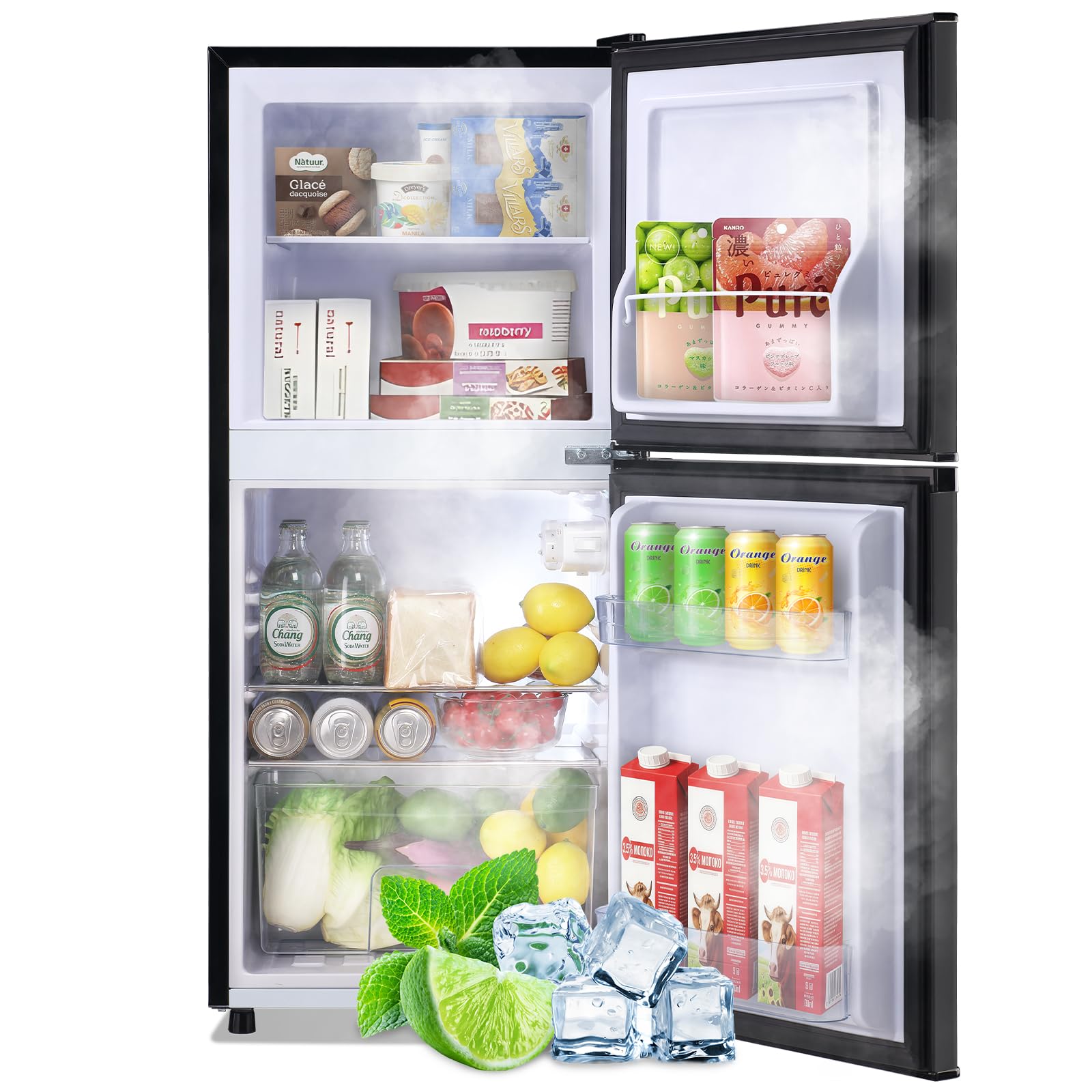 DEMULLER 3.88 CU.FT Capacity Refrigerator with Freezer Double Door Mini Fridge Small Refrigerator with 7 Adjustable Temp Control & 3 Glass Shelves for Kitchen Office Dorm Black