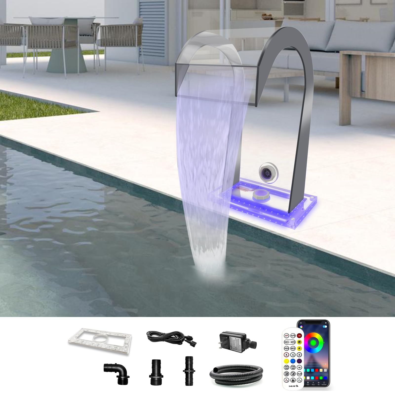 LONGRUN Waterfall Spillway Acrylic S-Shaped Pool Fountain with Color Changing LED Light, Pond Waterfalls Outdoor Water Spillway Fountains Kit for Garden Patio Swimming Pool Decoration-12.6" Height