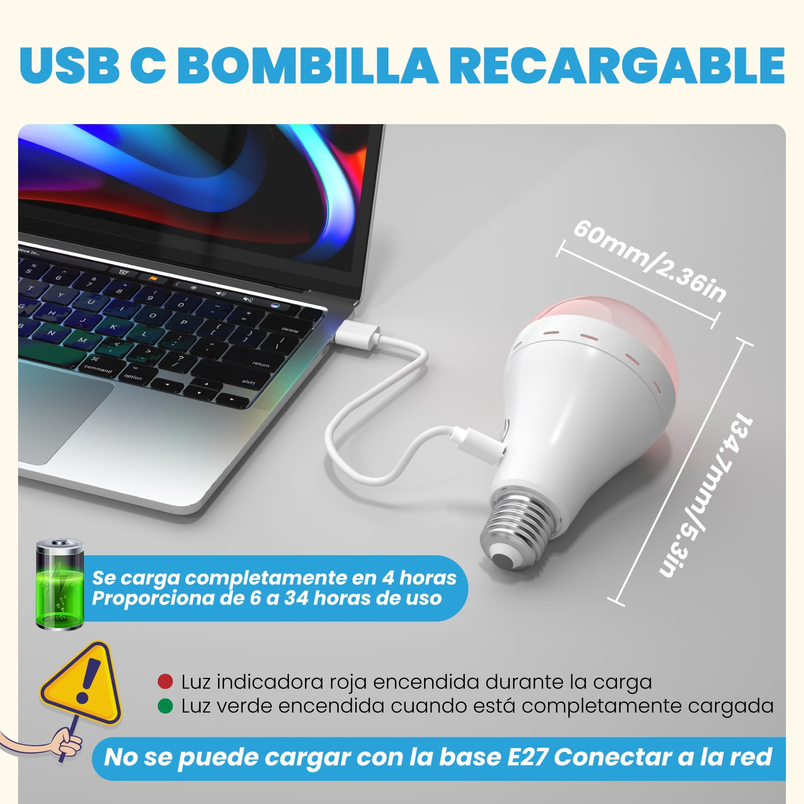 Bombilla Recargable E27 con Mando a Distancia, 3 Temperaturas de Color Regulable Bombilla Inalámbrica sin Electricidad con Batería, USB C Recargable, para Camping, Emergencias(2-unidad)