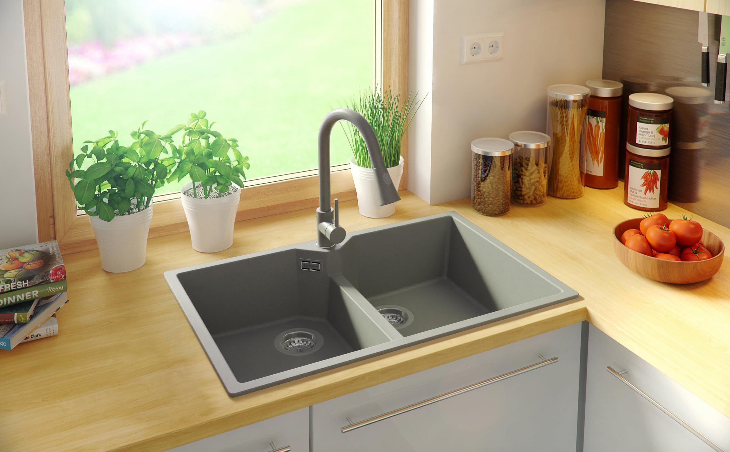 PRIMAGRAN Fregadero Cocina Todo Gris 78x50cm, Granito 2 Senos + Sifón, Sobre Encimera al Mueble 80cm - Madrid Twin S008