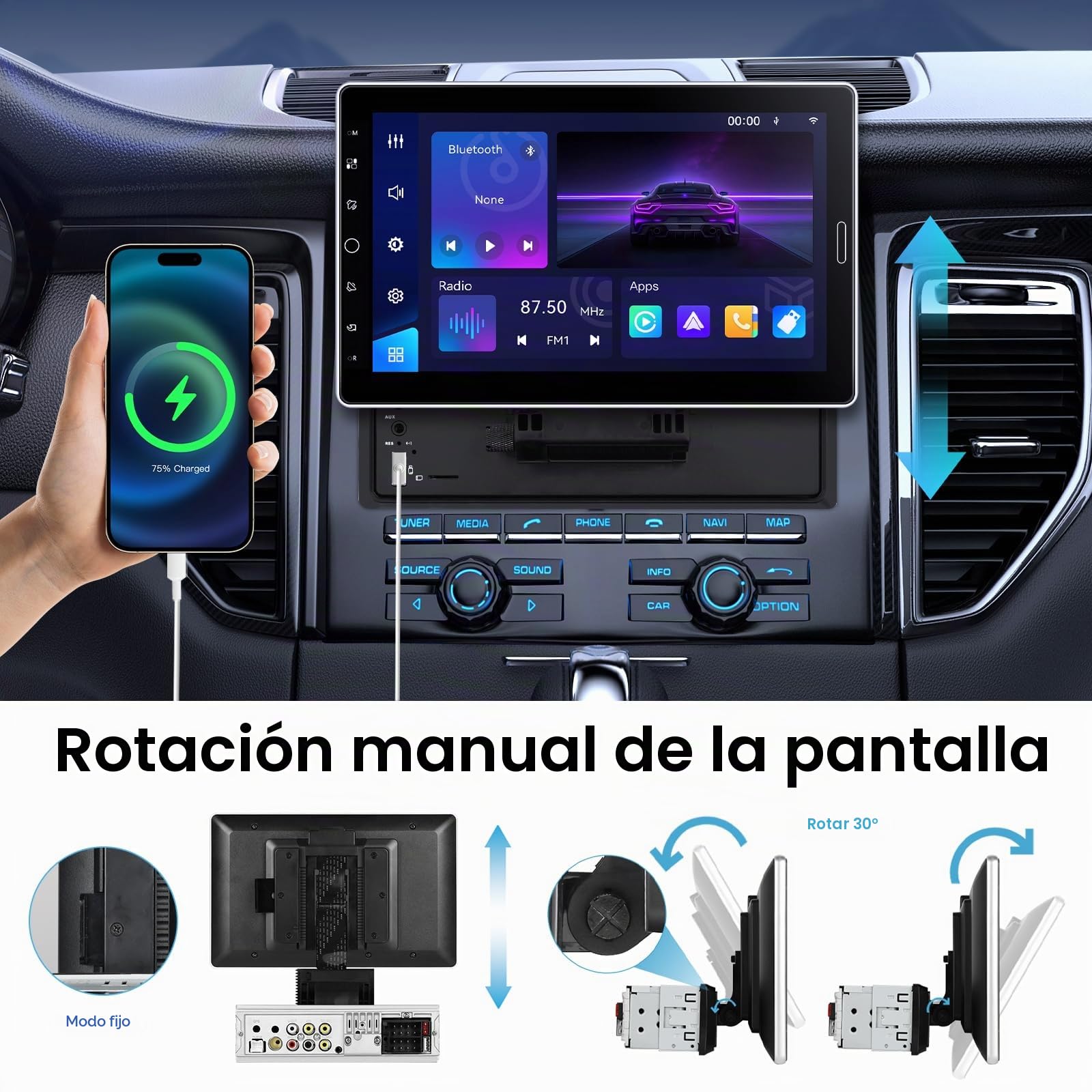 Hodozzy Radio Coche 1 DIN con Carplay Android Auto Inalámbrico, Pantalla Táctil 10,1 Pulgadas Bluetooth Radio FM/Am/RDS MirrorLink SWC EQ USB AUX Reproducción de vídeo en Línea, Cámara Trasera