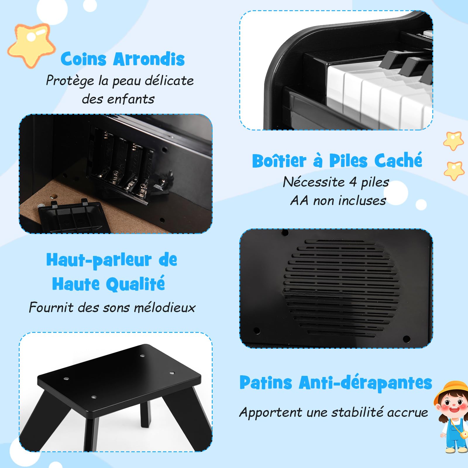 COSTWAY Clavier Piano Enfant 25 Touches, Piano Numérique en Bois avec Tabouret & Pupitre Amovible, Mode d'apprentissage, Vitesse & Volume Réglables, Haut-Parleur pour 3 Ans+ (Noir)