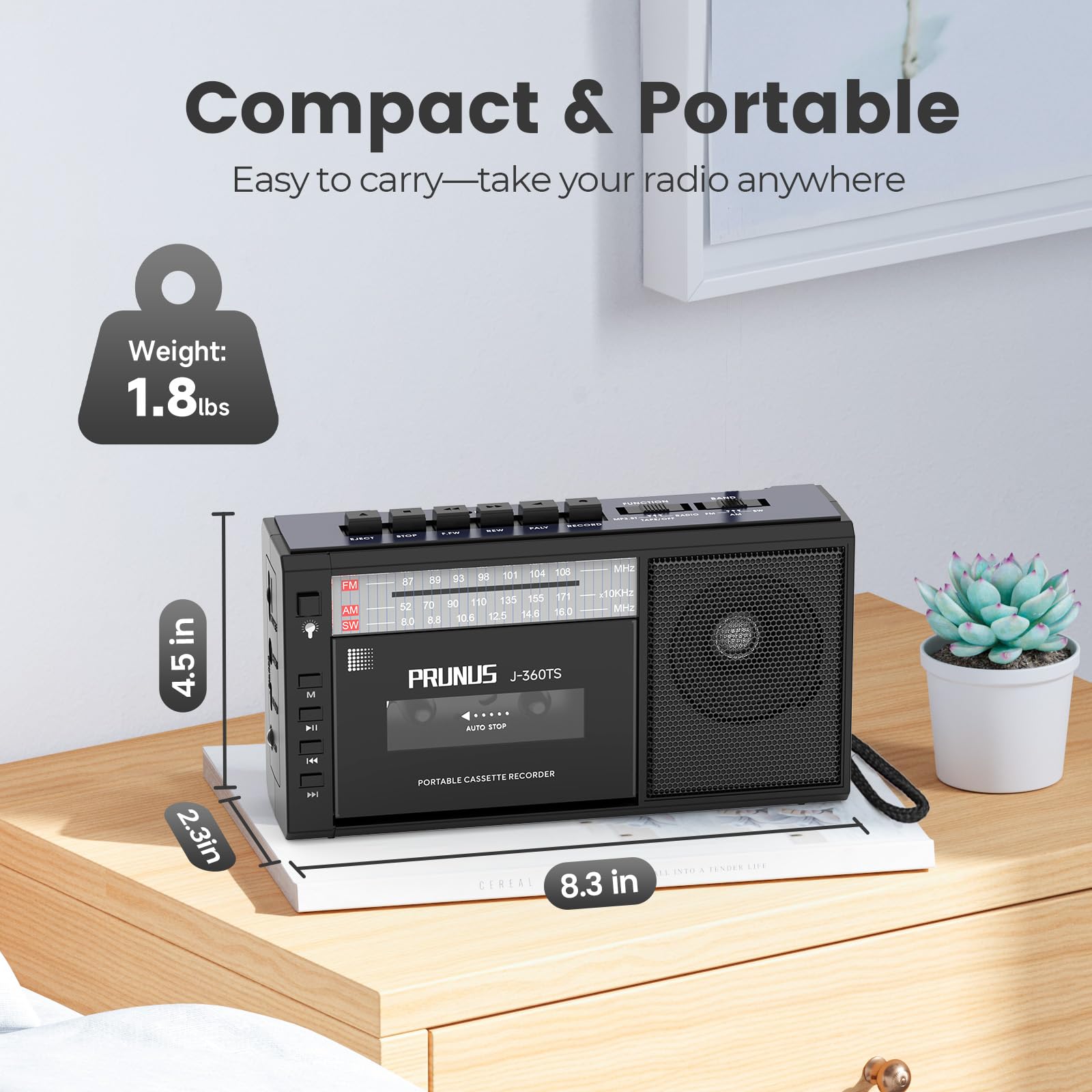 Magnétophone Portable, PRUNUS J-360 AM/SW/FM Radio Cassette Player avec Panneau Solaire Rechargeable, Lecteur Cassette avec Bluetooth, Support de Lampe LED/Carte TF
