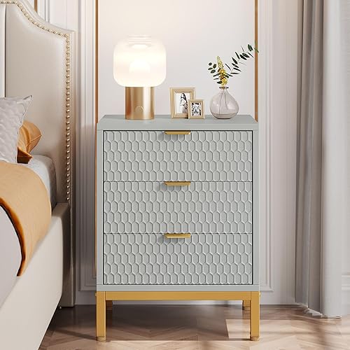 Miniatura 8 de LITTLE TREE Mesita de noche moderna con 3 cajones, color blanco dorado, mesa auxiliar con almacenamiento para dormitorio, sala de estar Blanco y