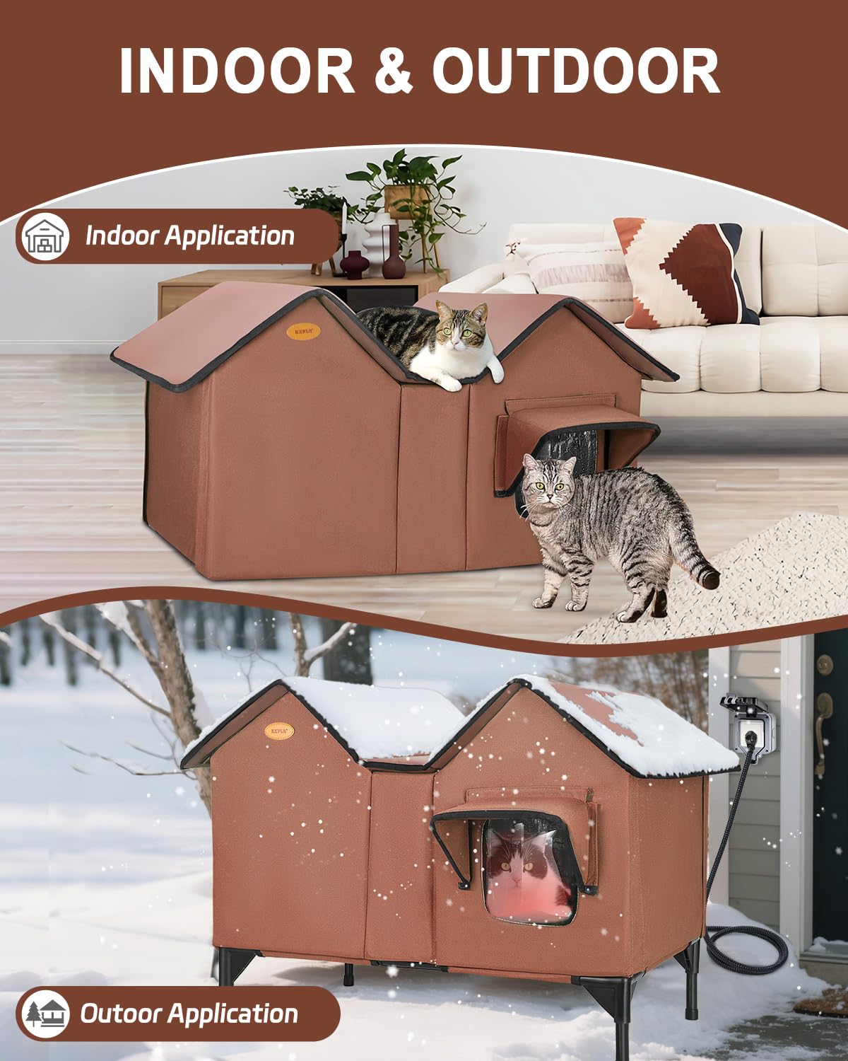 Niche chauffante pour chats d'extérieur en hiver, très grande maison chauffante d'extérieur résistante aux intempéries avec base surélevée et porte d'évasion, abri imperméable pour chats sauvages