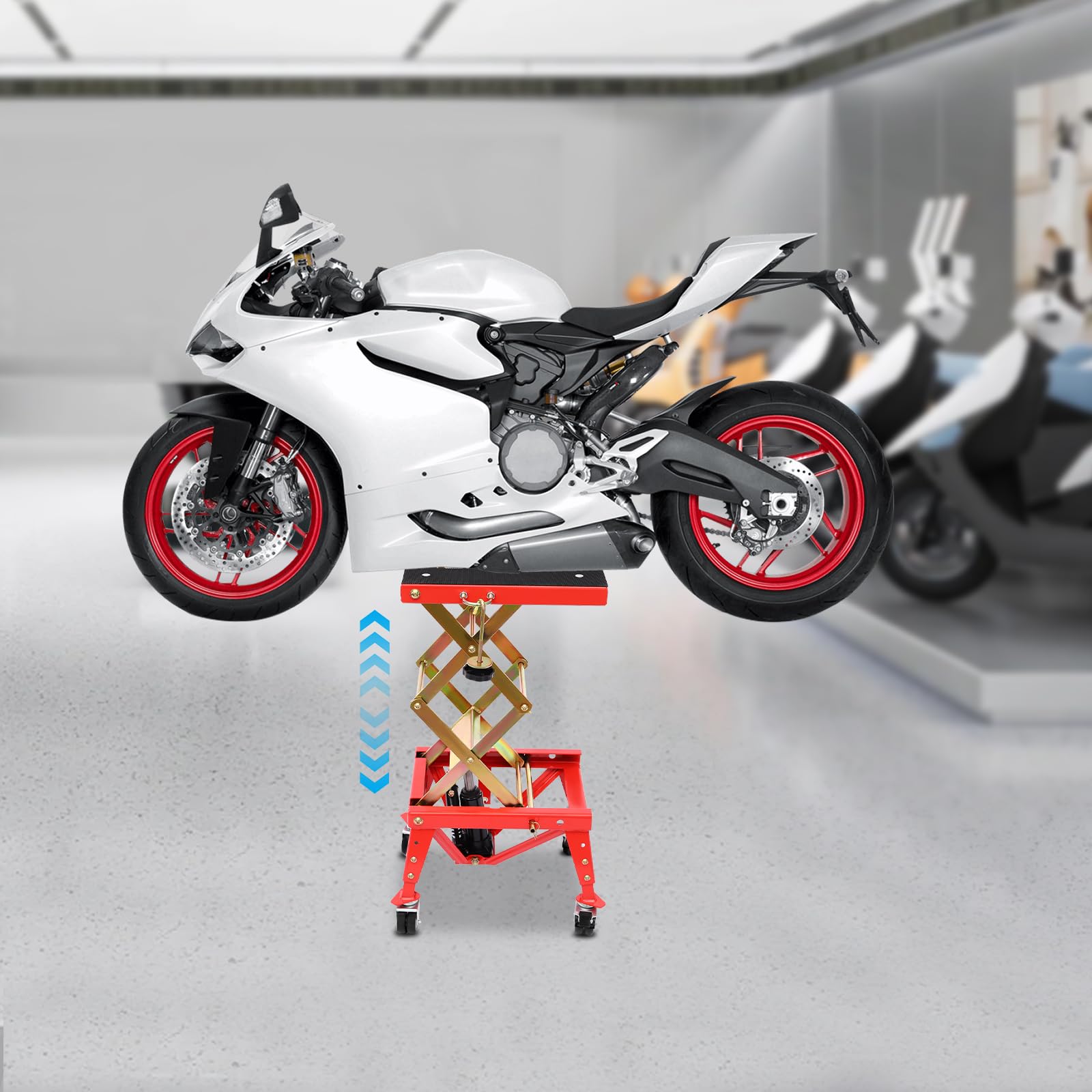 Plataforma elevadora para motocicleta, 160 kg, independiente, hidráulica con 4 ruedas universales, altura ajustable, para talleres de coches, tiendas de motocicletas