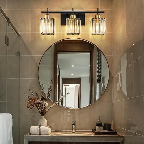 Miniatura 2 de Modernas luces de tocador de cristal para baño, lámpara de tocador negra y dorada mate, lámpara de baño de 3 luces sobre espejo, aplique de pared