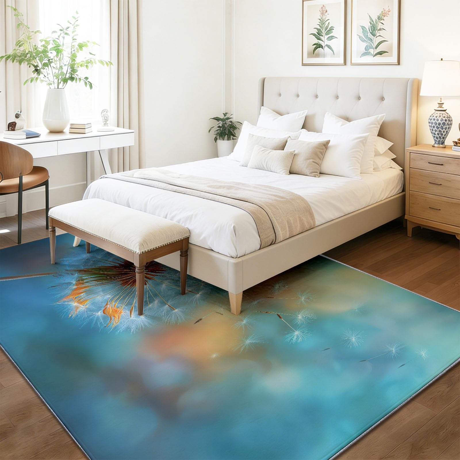 Dywan z nadrukiem akwareli z nasionami mniszka lekarskiego, 120 x 170 cm, przytulny trwały zmywalny dywan, miękki dywan z niskim runem na podłogę z antypoślizgowym spodem, łatwa do czyszczenia, mata
