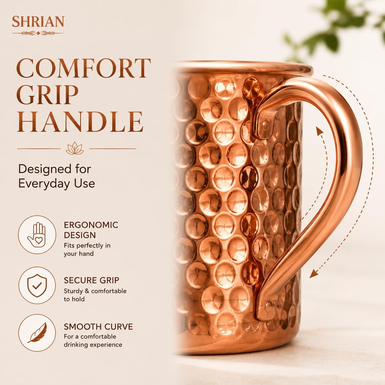 Copper Mules PURE Copper Mug RAW Cups Interior Ideal for Ayurvedic Health Benefits and Moscow Mules - Hand Hammered Finish - Authentic and Strong Riveited Handle - Holds 14oz