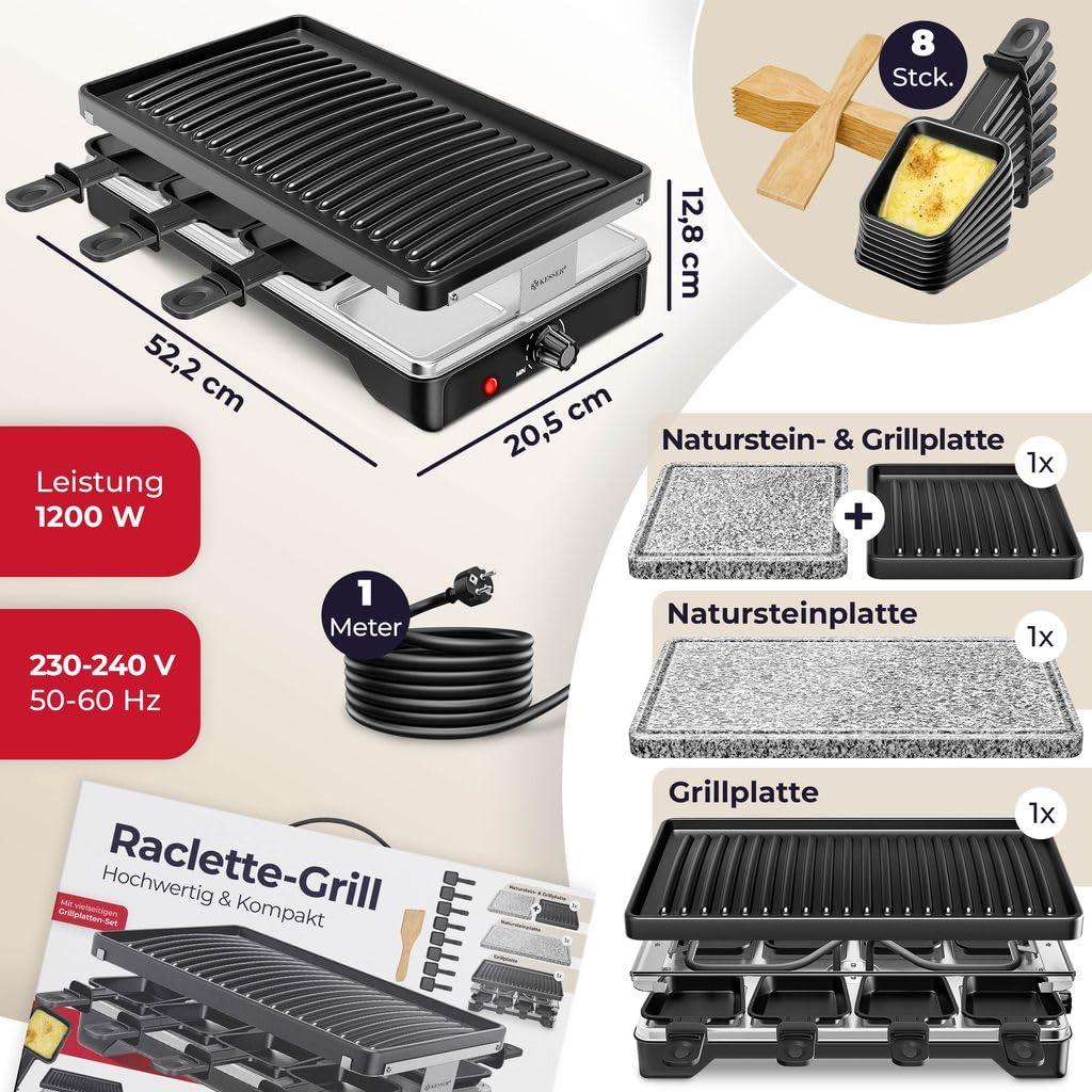 KESSER® Griglia per raclette con pietra naturale, piastra per grigliare griglia da tavolo per 8 persone, griglia elettrica per raclette con piastra antiaderente, 8 pentole e spatola, Nero