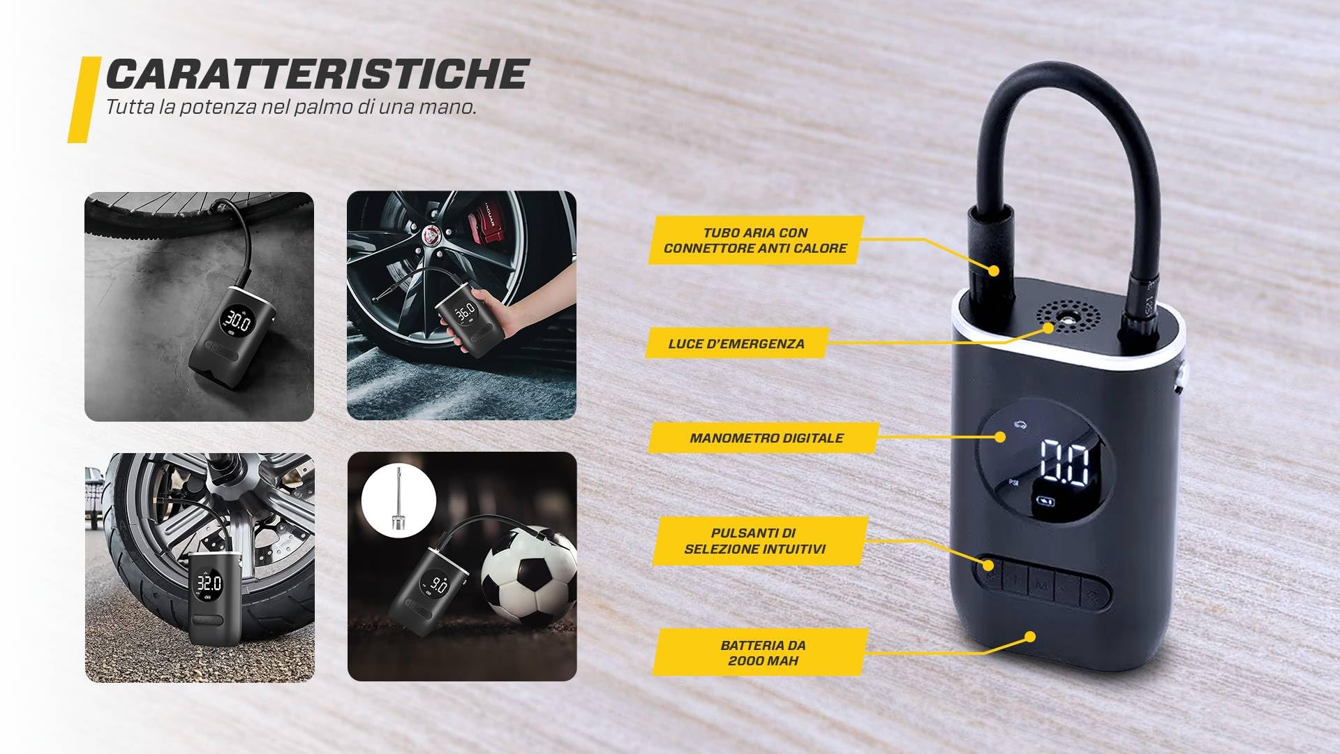 MAXTOOLS, BAC100, Compressore d'Aria a Batteria, Schermo LCD Digitale e Torcia LED, Pompa Elettrica per Bicicletta, Auto, Moto, Monopattino, Palloni