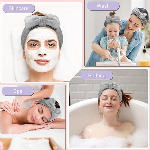 Miniatura 7 de Crosize Juego de 7 diademas y muñequeras para mujer, lindas diademas para el cuidado de la piel de spa para lavar la cara, diadema de tela de rizo y