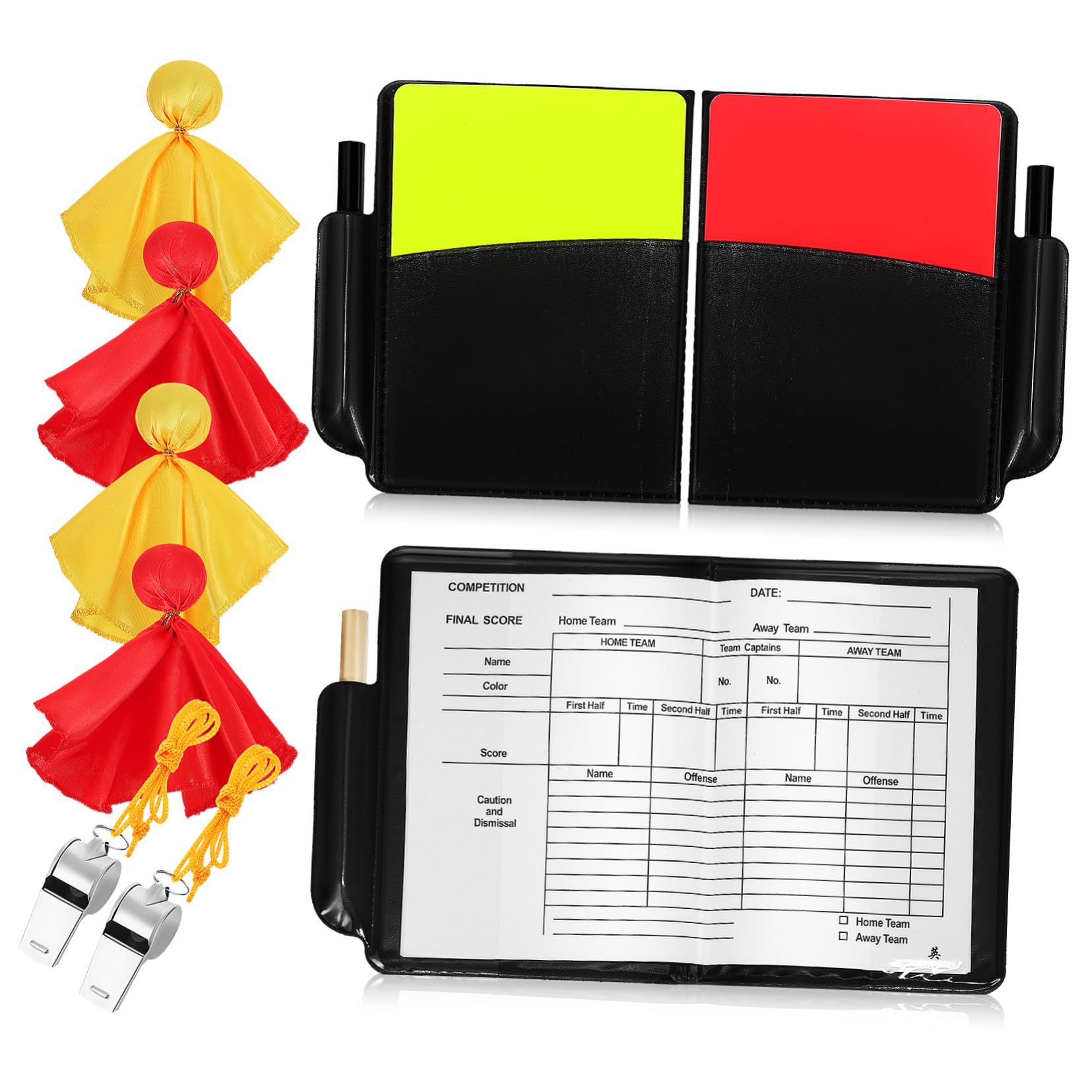ibasenice 3 Set Carte di Avvertimento di Calcio Arbitro di Calcio Cartellini Rossi e Gialli Formazione Fischietti con Cordino Kit Arbitro Bandiere Calcio Rosso Poliestere