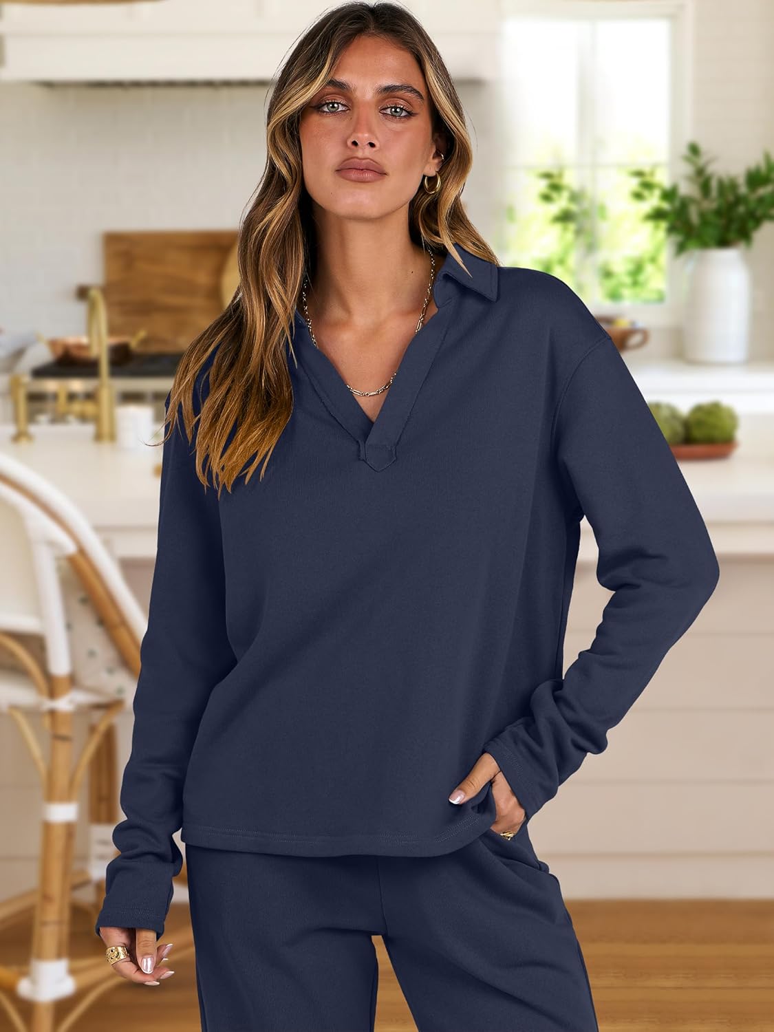 ANRABESS Lounge Sets for Women 2 Piece Outfits Sweatsuit Set Fall V Neck Sweatshirts Wide Leg Pants Tracksuits