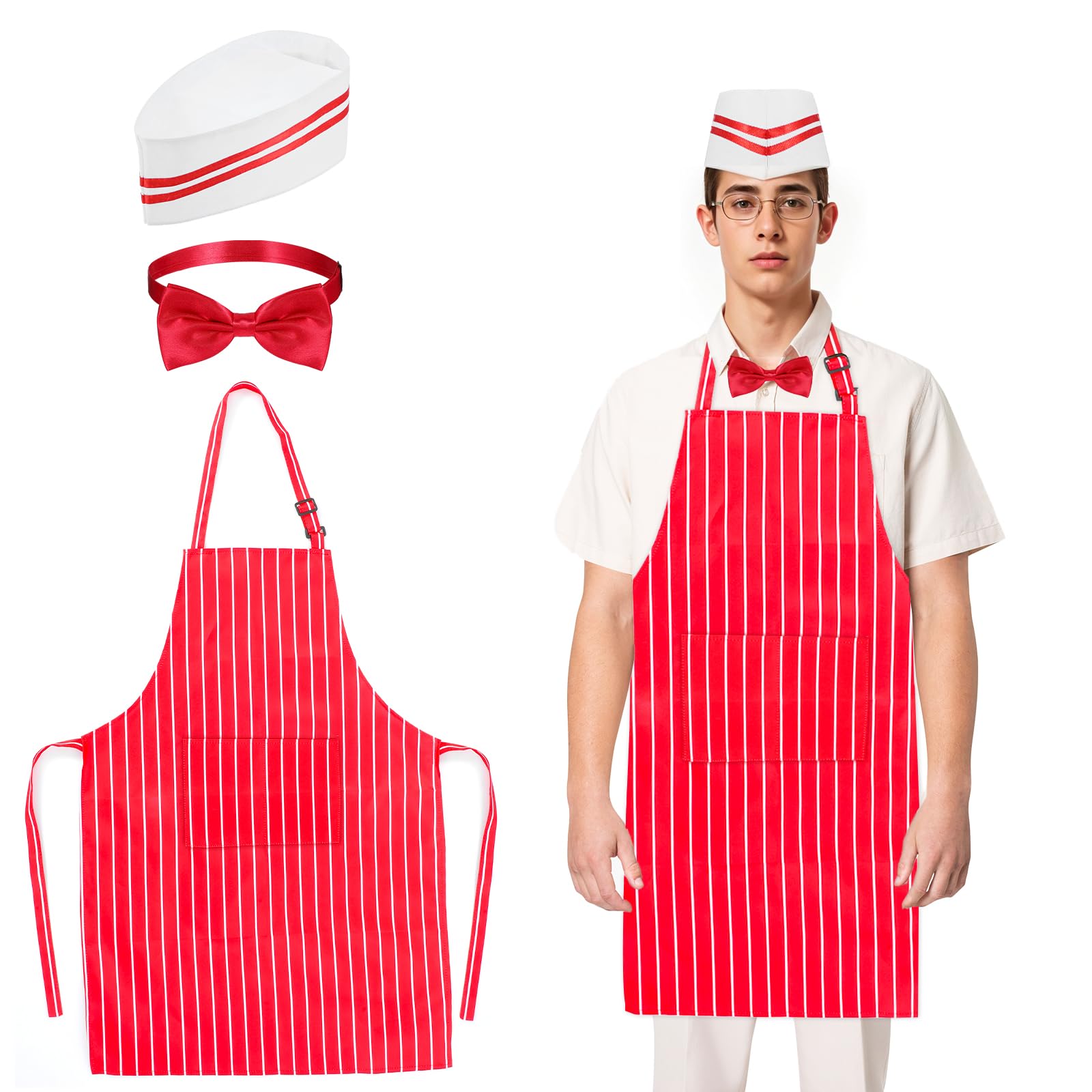 Adult Waiter Costume Kit Red and White Striped Apron with Pockets Chef Hat Bow Tie 1950s Carnival Cosplay