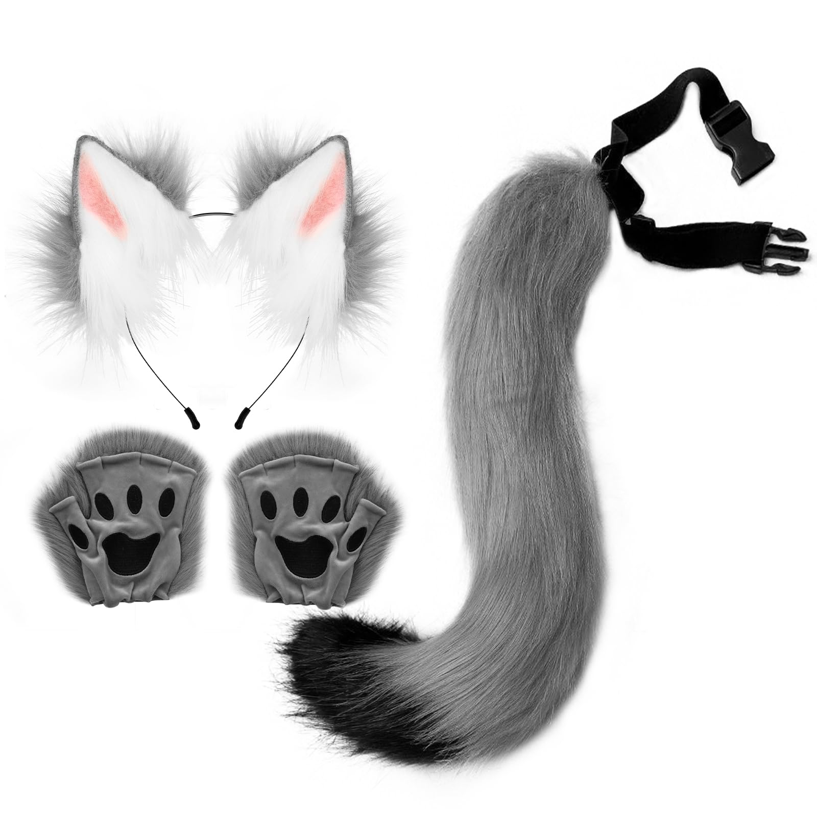 HAOAN Faux Fur Wolf Ears Headband Fox Tail and Paw Gloves Set Cosplay Halloween Costume Accessories, gray, One Size