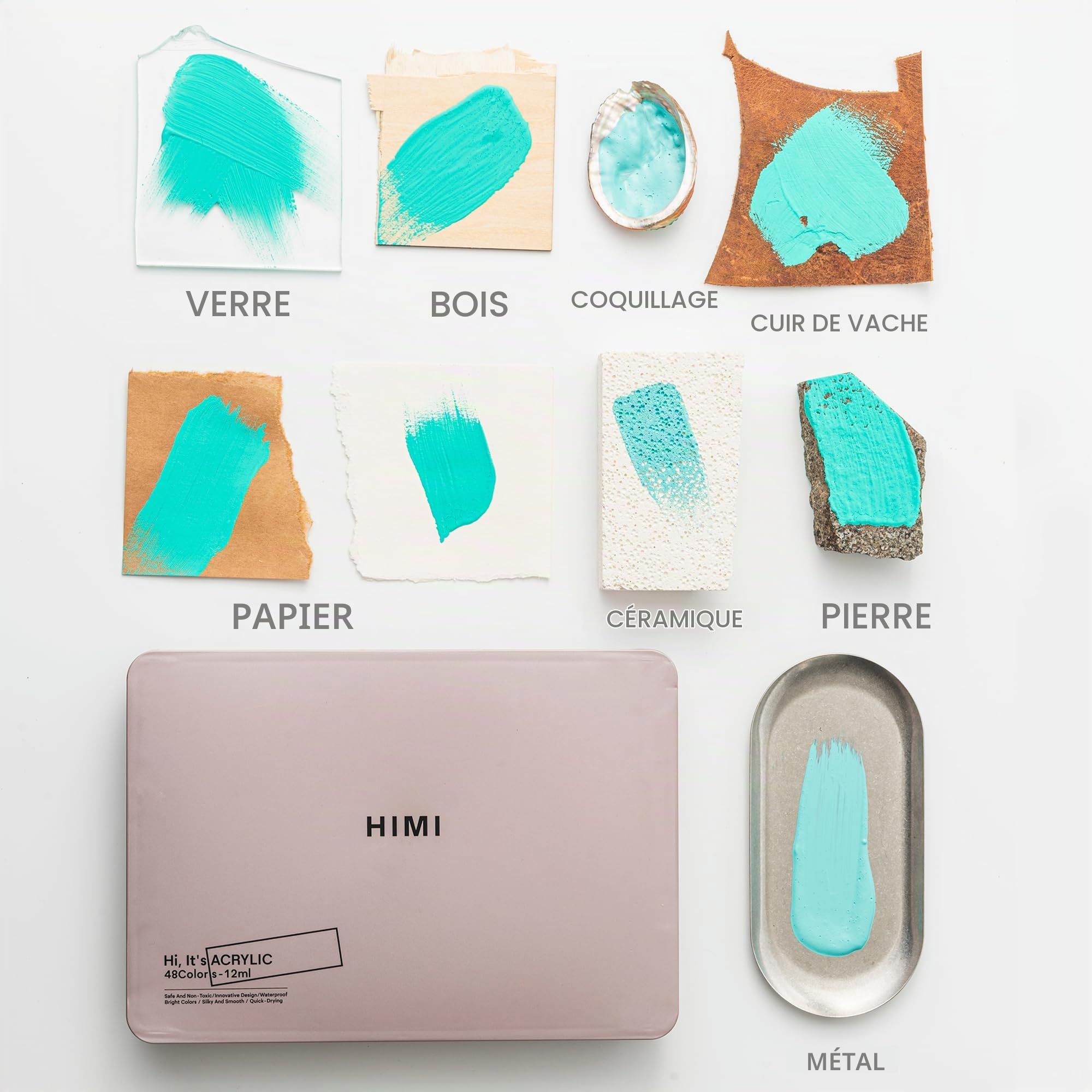 HIMI Ensemble de peinture acrylique double tasse, 48 couleurs, 12 g, haute viscosité, fournitures d'art pour peinture sur toile, bois de roche et céramique