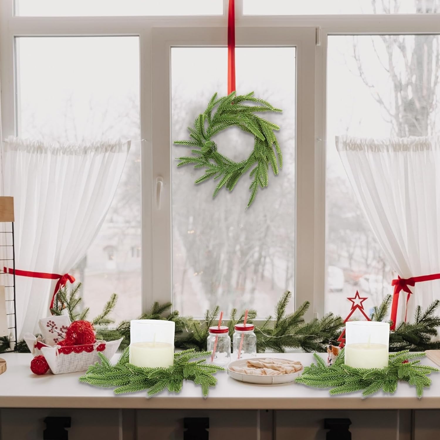 2 Pcs Norfolk Pine Wreath Candle Ring Christmas Artificial Green Pine Wreath Ornament for Christmas Farmhouse Table Decoration Xmas Table Centerpiece