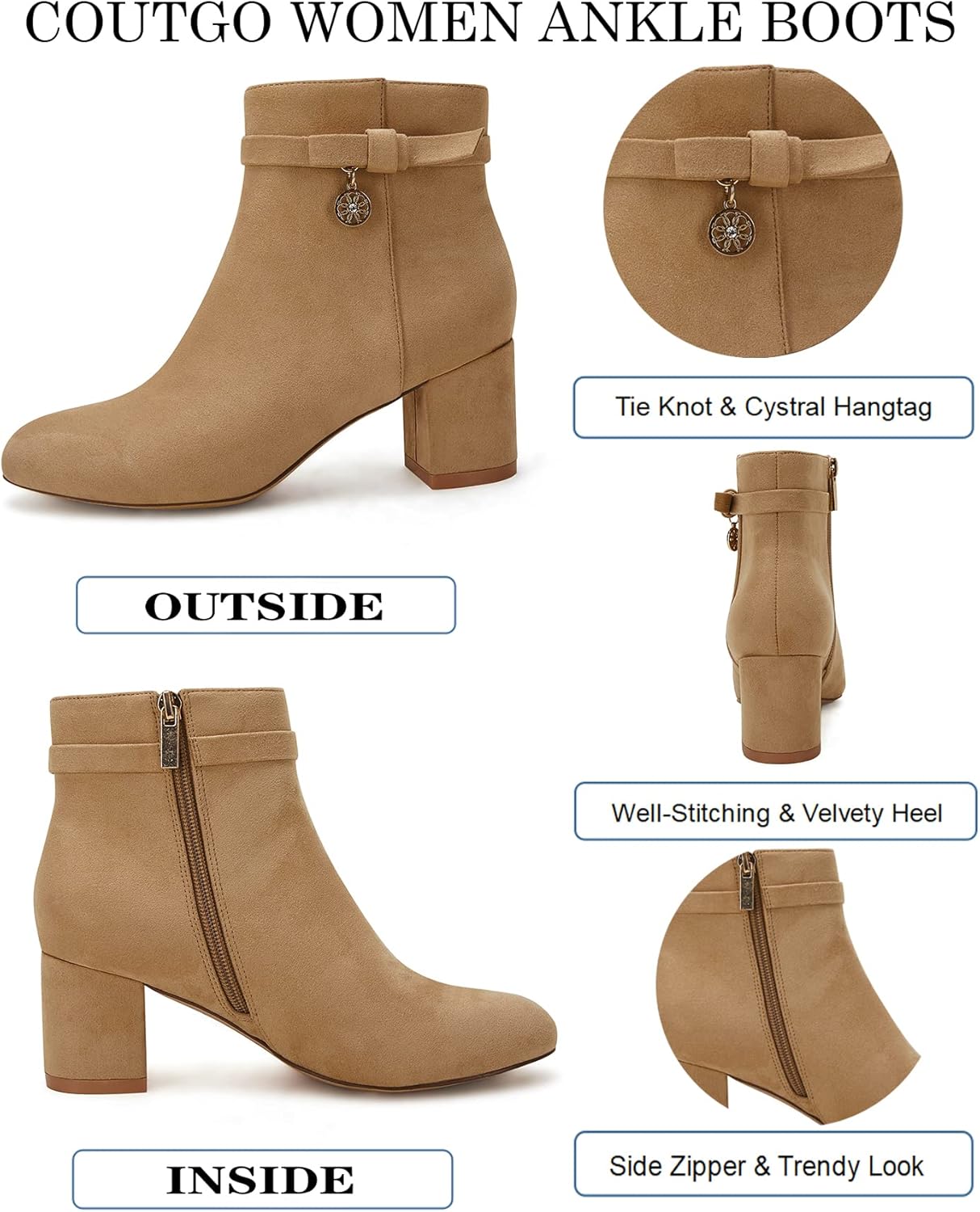 Coutgo Women's Ankle Boots Chunky Block Low Heel Vintage Tie Knot Booties Shoes with Side Zipper - Image 4