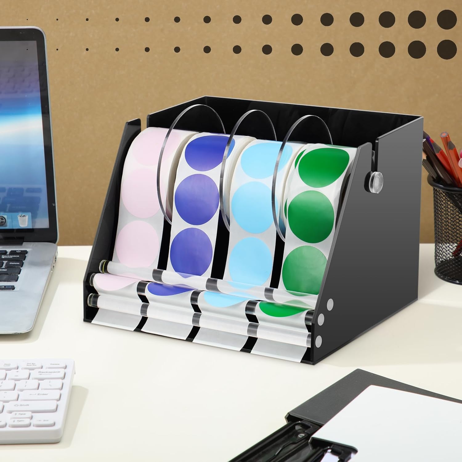 Feifeiya Adjustable Label Dispenser Acrylic Sticker Roll Dispenser Label Roll Holder Multi Use Sticker Holder Organizer Stand for Home Office Restaurant Kitchens Bakeries and Cafes(4 Disks)