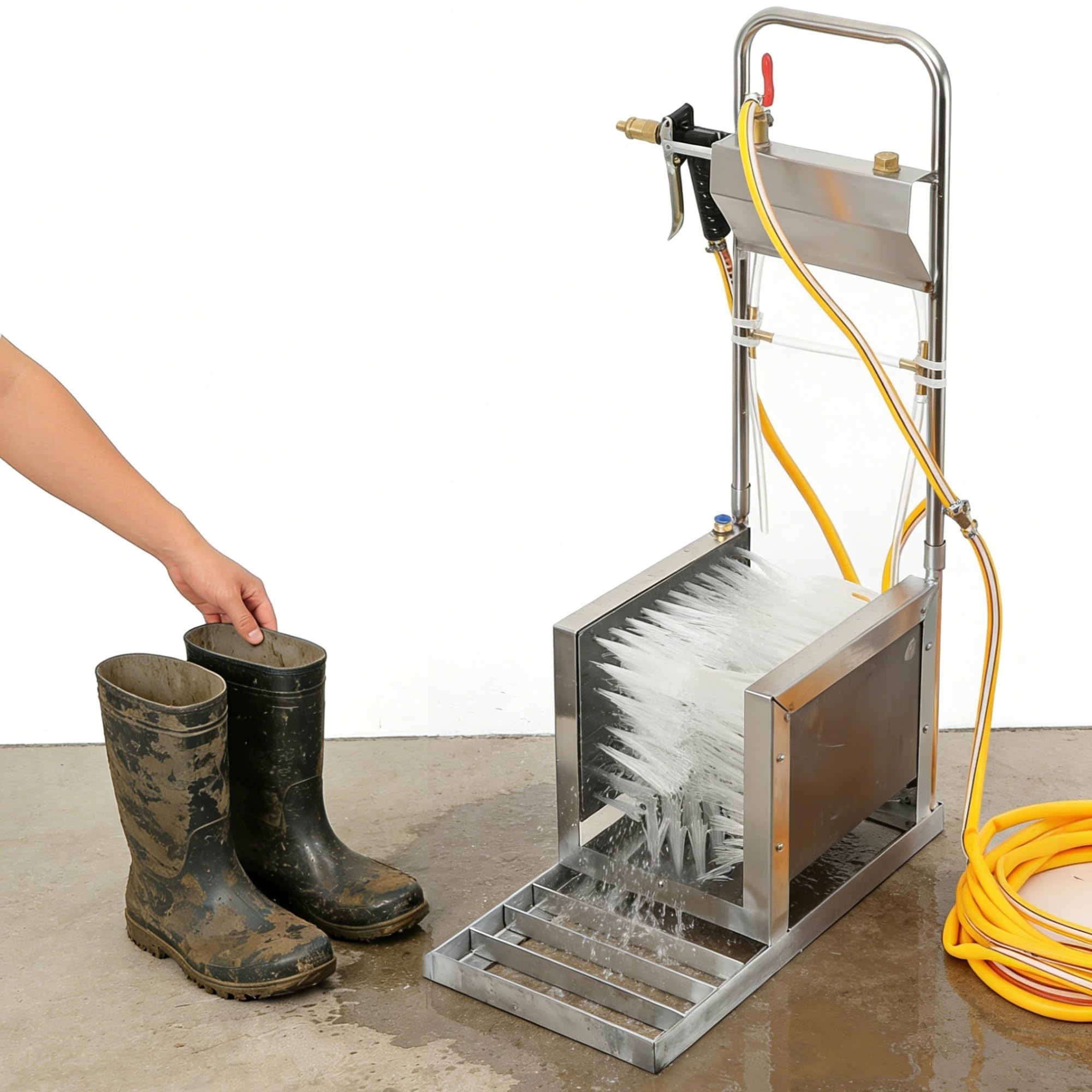 Cepillo raspador de zapatos, limpiador de botas con spray de agua, limpiador automático de calzado de acero inoxidable, incluye manguera de 10 m para eliminar el barro