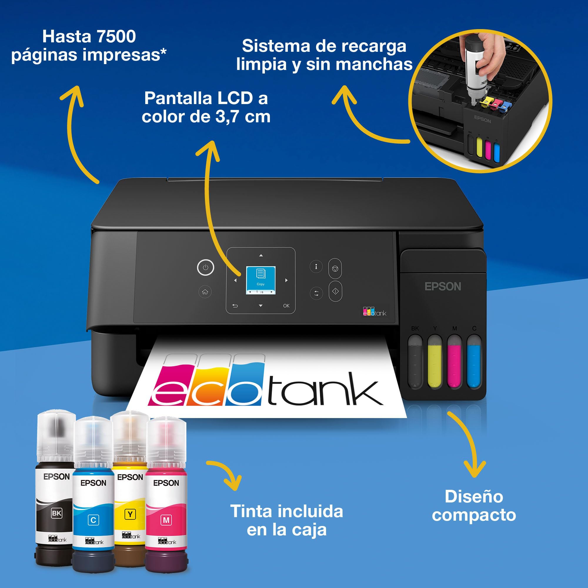 Epson EcoTank ET-2922 | para hogares dinámicos | Wi-Fi | A4 | Impresión, Copia, escaneado | Pantalla LCD | Compatible con AirPrint | Compacta | Incluye hasta 3 años de Tinta