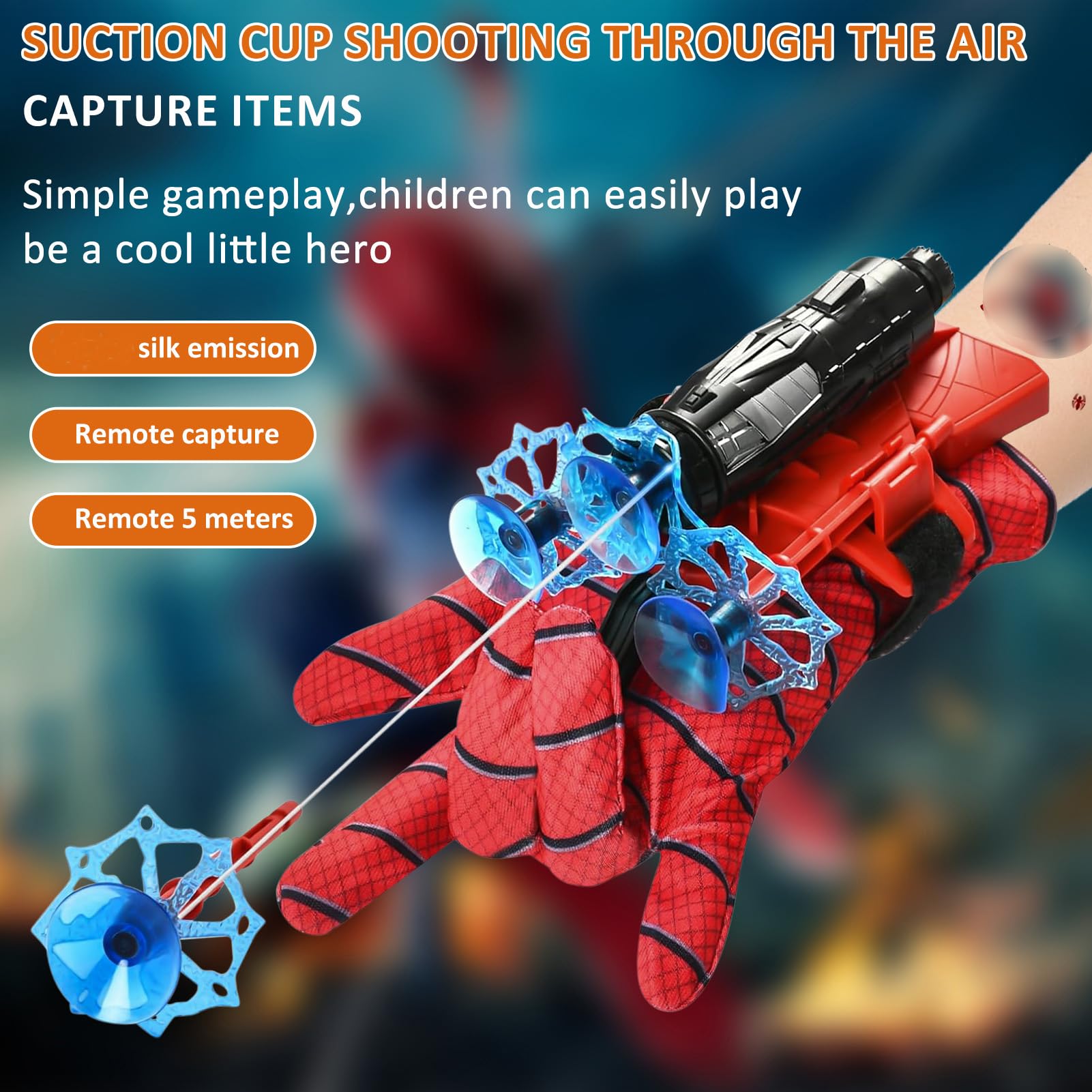 Spid-erm Guanti per Bambino, Spara Ragnatele Spid-er, Launcher Glove, Giochi Spid-er con Spid-erm Maschera e Spid-erm Mantello, Guanto Spid-er Spara Ragnatele, Cosplay Giocattoli da Polso Set