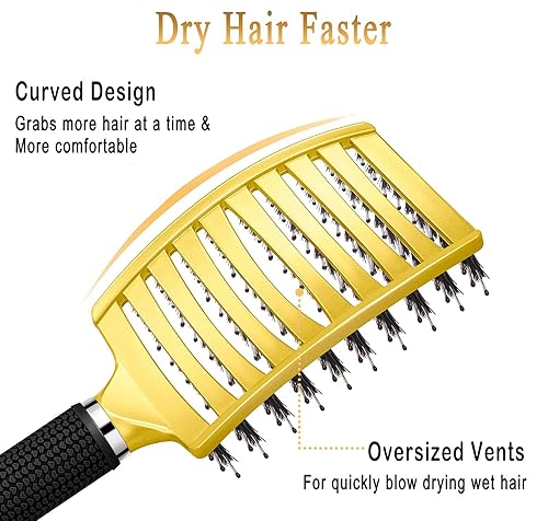 Miniatura 6 de KTKUDY Cepillo desenredante con cerdas de jabalí que hace que el cabello sea brillante y saludable, cepillo desenredante curvado y ventilado para