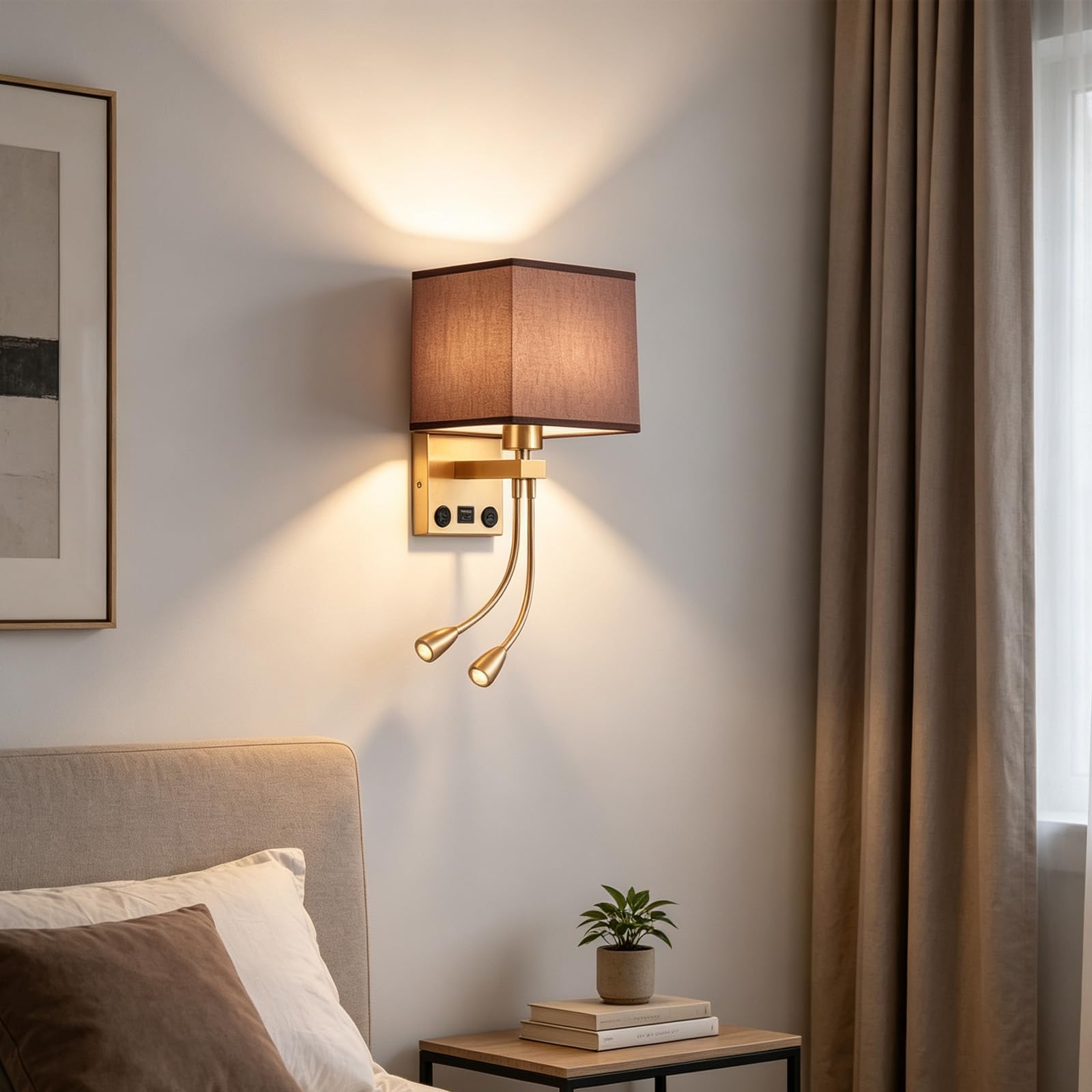 Interni Comodino Applique da Parete E27 con Interruttore Luce da Parete con USB Ricarica Porta Lampada da Parete Retro Tessuto Paralume (Lampadina non Inclusa) per Soggiorno (Marrone)