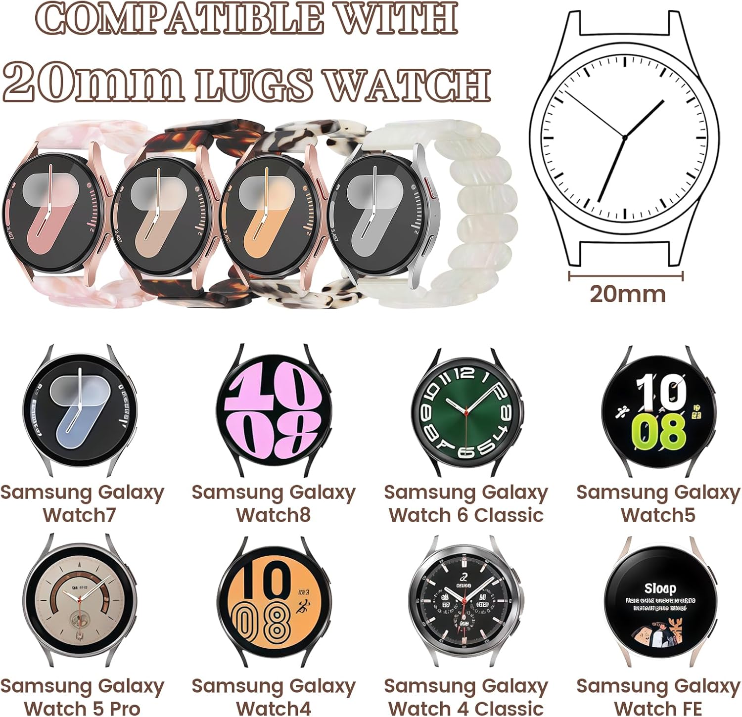 Resin Stretchy Bands Compatible with Samsung Galaxy Watch 7 FE 6 5 4 40mm 44mm/5 Pro 45mm/Watch 6 4 Classic 43mm 47mm 42mm 46mm/Active 2,20mm Oval Elastic Strap for Women Men - Image 7