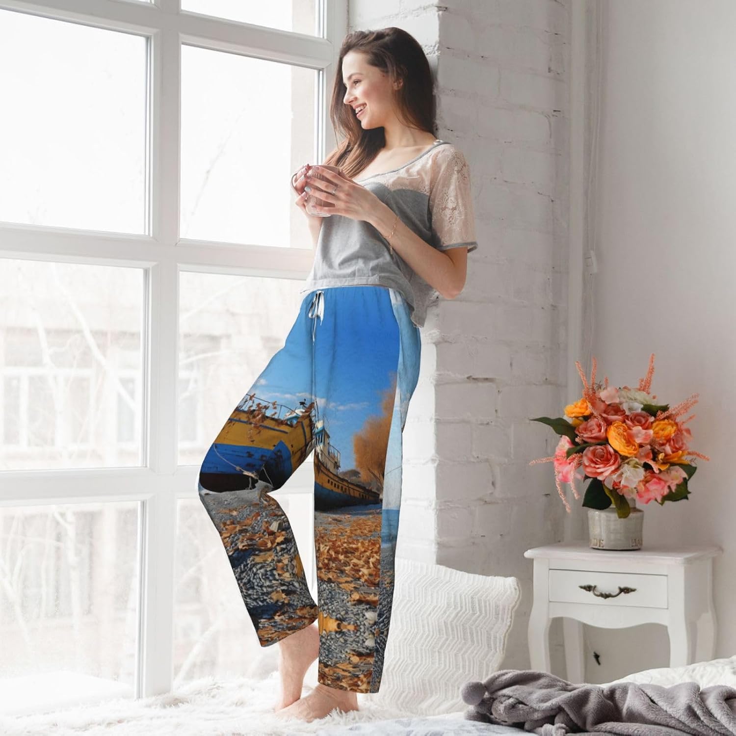 Blue Sky Yellow Beach Boat Print Cozy Christmas Pajama Pants,Flannel Pajama Bottoms,Cater To Various Body Types