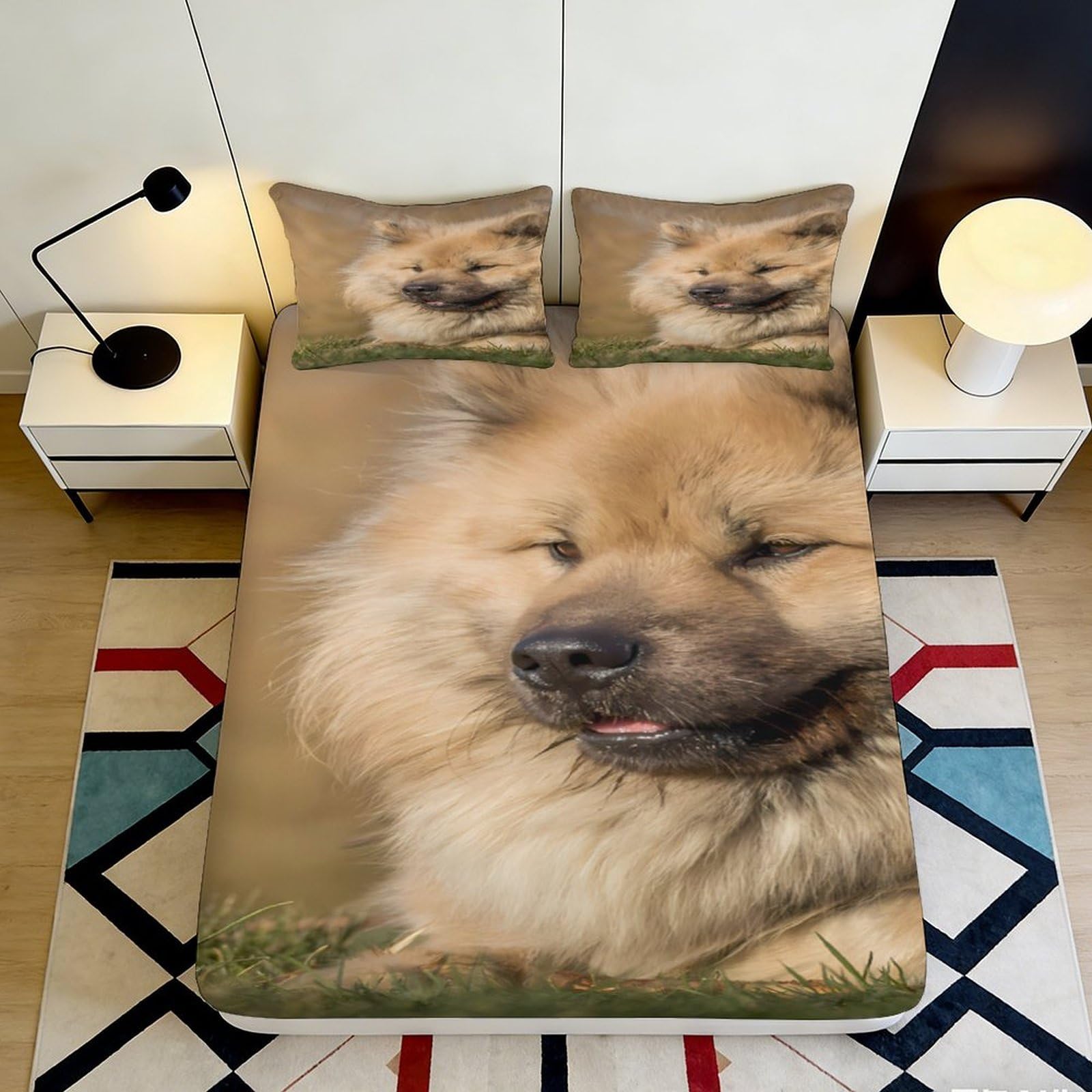 3D Printed Fluffy Dog Fitted Sheet Microfiber Soft Durable 3D Printed Pet Face Bed Cover Mattress Cover for Bedroom Dormitory Guest Room Decor 90x200x25cm