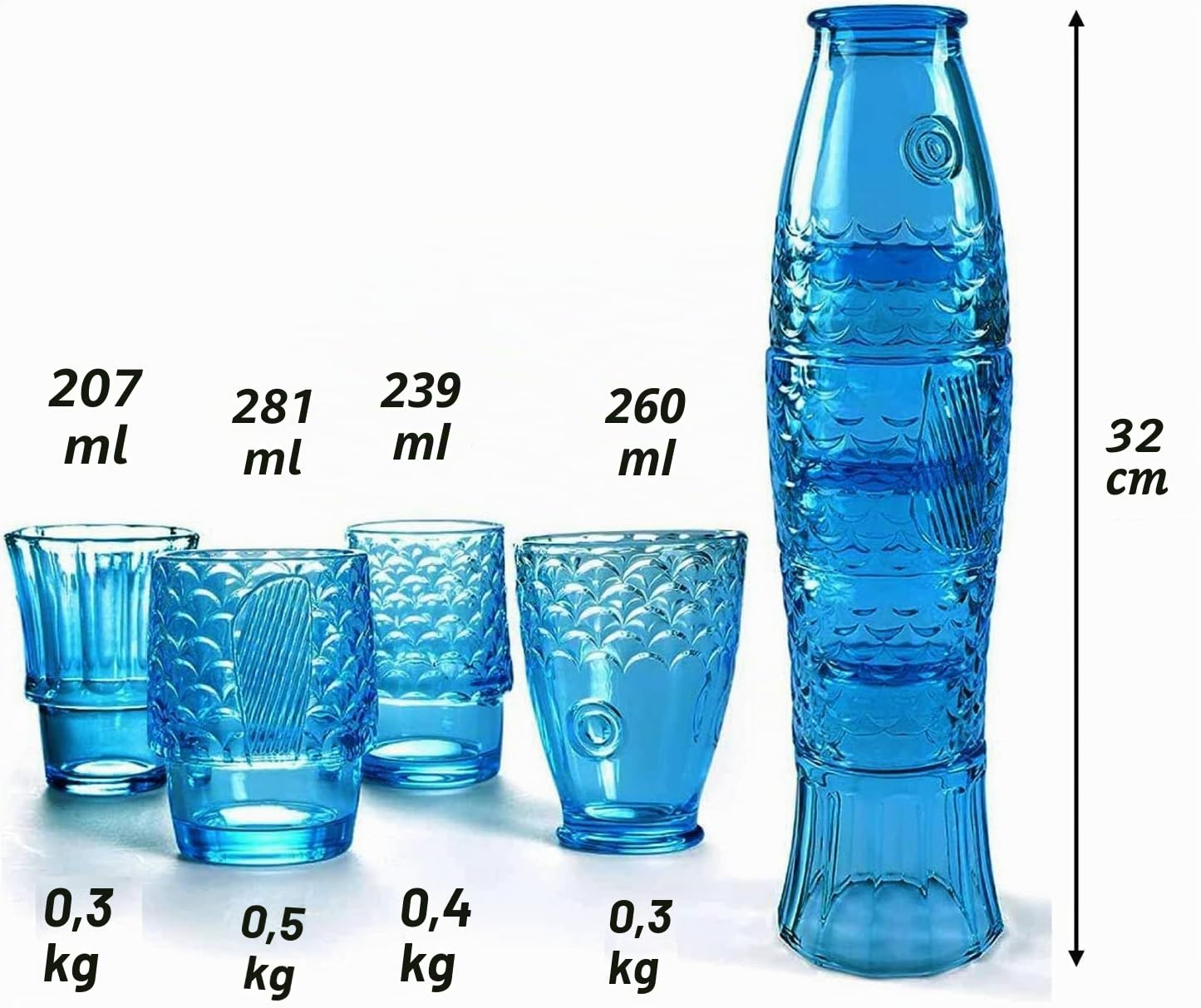 Trinkgläser mit Fisch-Design, stapelbare Trinkgläser, farbiges Getränkeglas, stapelbares Trinkglas, nautische Glaswaren, Fisch-förmige Gläser für Heimdekoration, 4 Stück, Blau