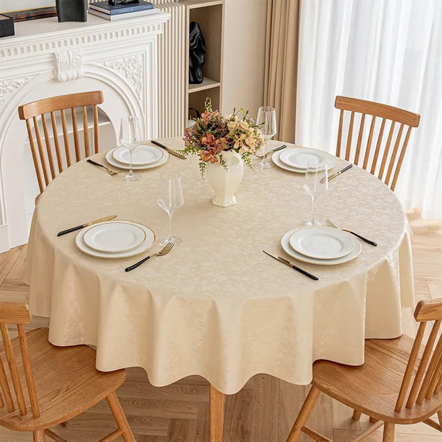 JuanNest Jacquard Round Table Cloth,Outdoor Dining Table Cloth,Design Waterproof Antiwrinkle Spillproof Heavy Weight Soft Tablecloths for Circular Table Cover and Kitchen Dinning Tabletop K,220CM