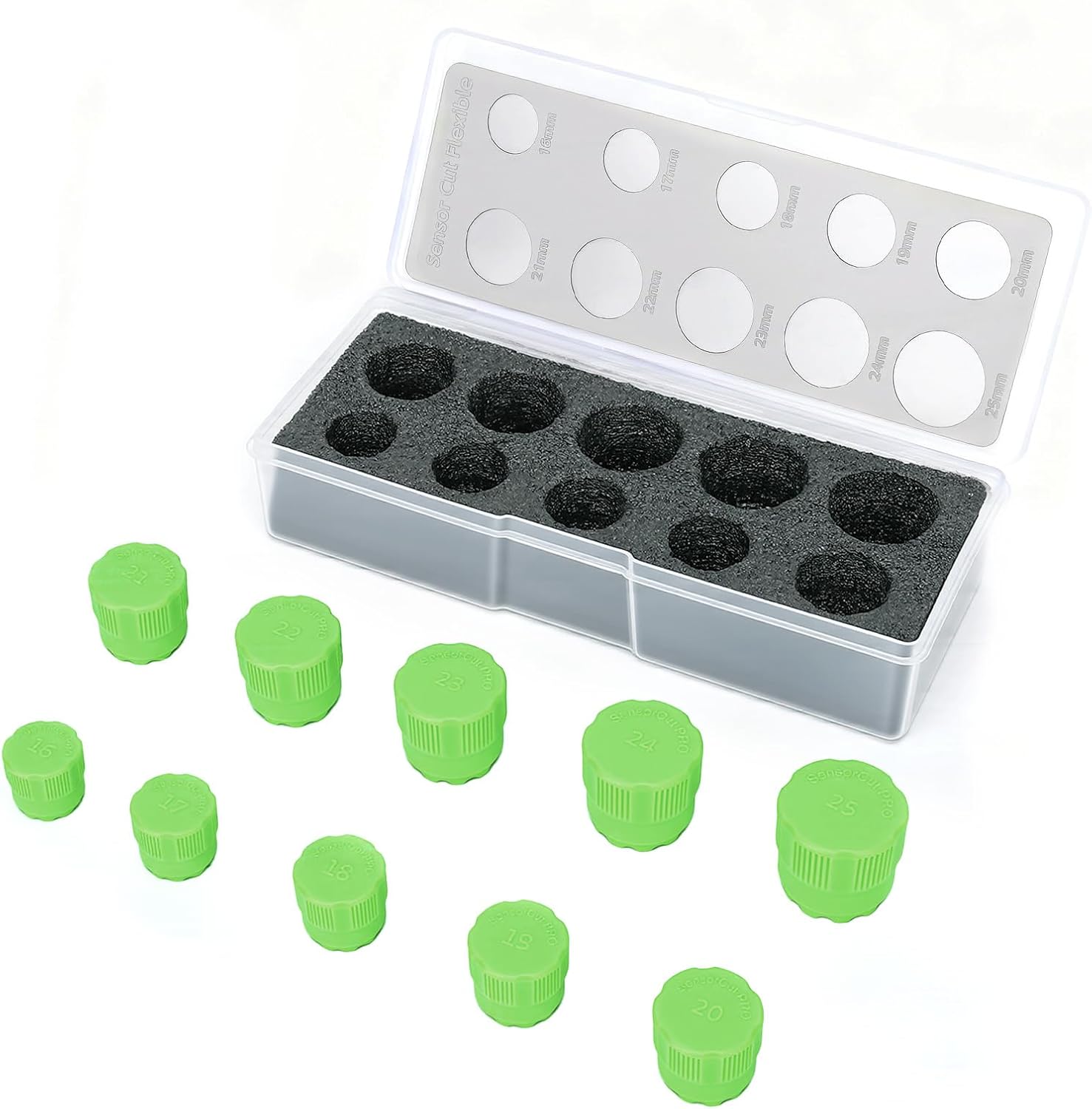 16-25mm Sensor Cut,Car Sensor Hole Cutter Kit, High Strength Plastic Car Wrap Film Sensor Cutting Template with Transparent Box for Vehicle Parking Sensors Wrap Tool Kit (Green)