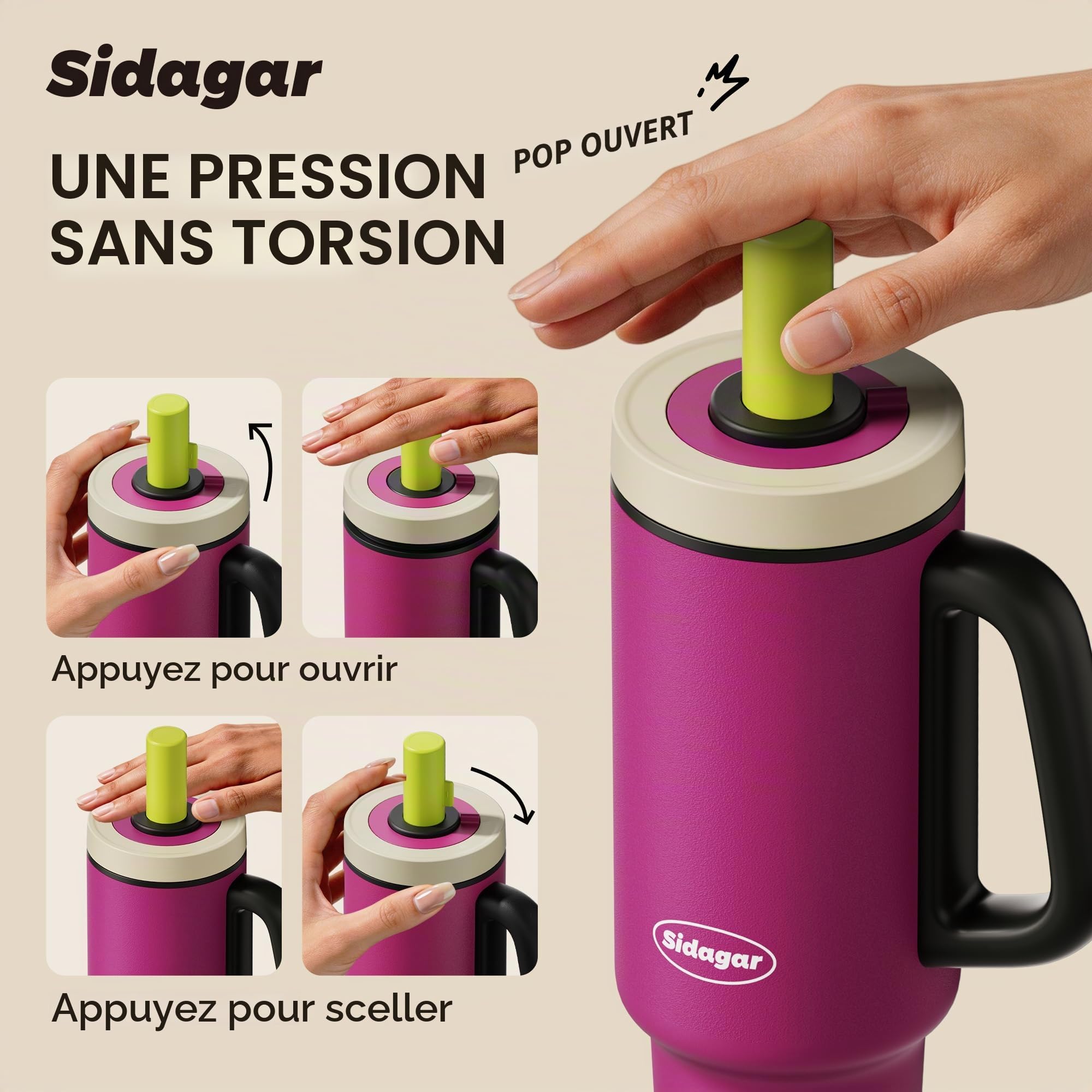 Gourde Isotherme 1,1L avec Paille et Poignée, Mug Isotherme Inox 316L, Bouteille d’Eau Anti Fuite, Thermos Grande Capacité, Compatible Porte-Gobelet, Violet